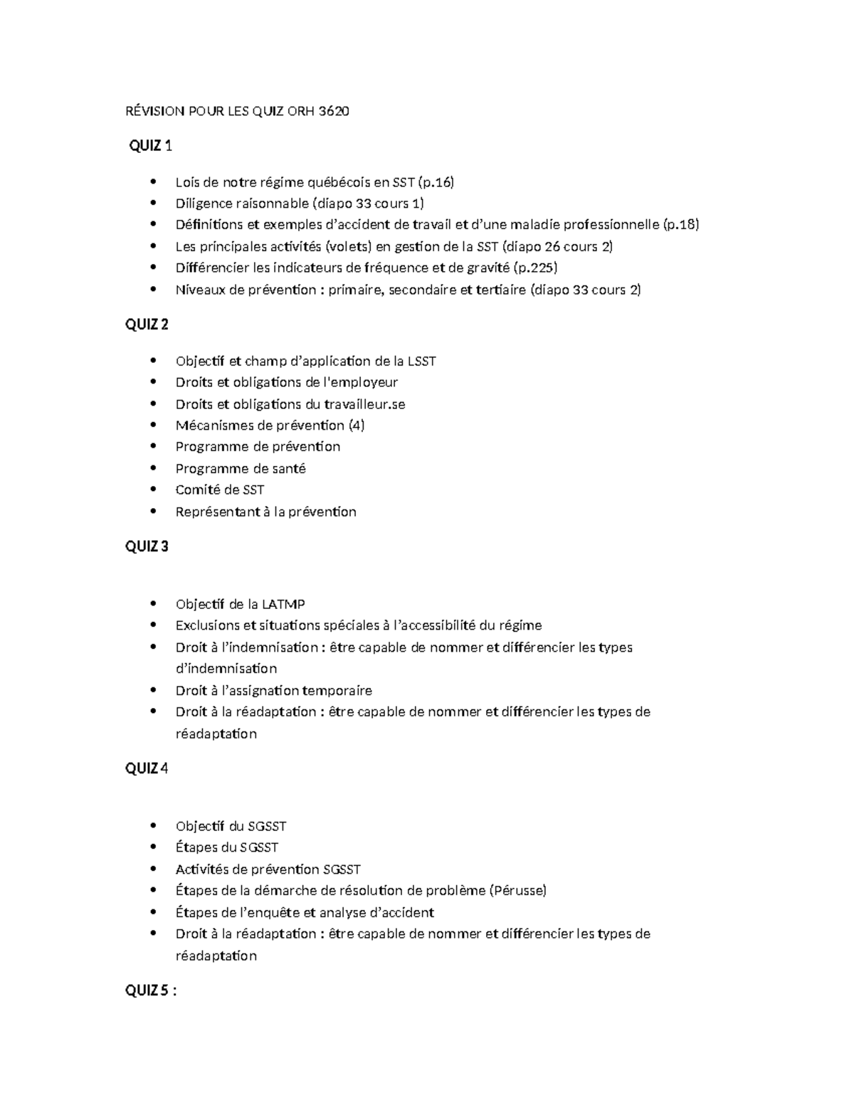 Révision Quiz ORH3620 (SST) - RÉVISION POUR LES QUIZ ORH 3620 QUIZ 1 ...