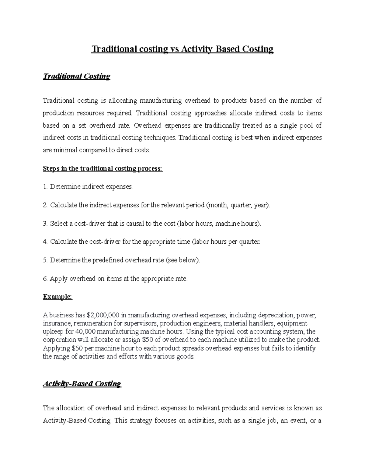 Journal Reflection - Traditional Costing vs Activity Based Costing ...