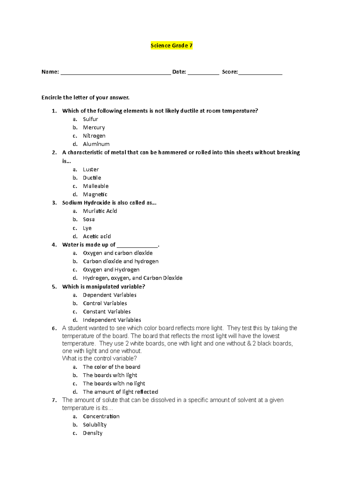 What Are The Topics In Grade 7 Science 1st Quarter