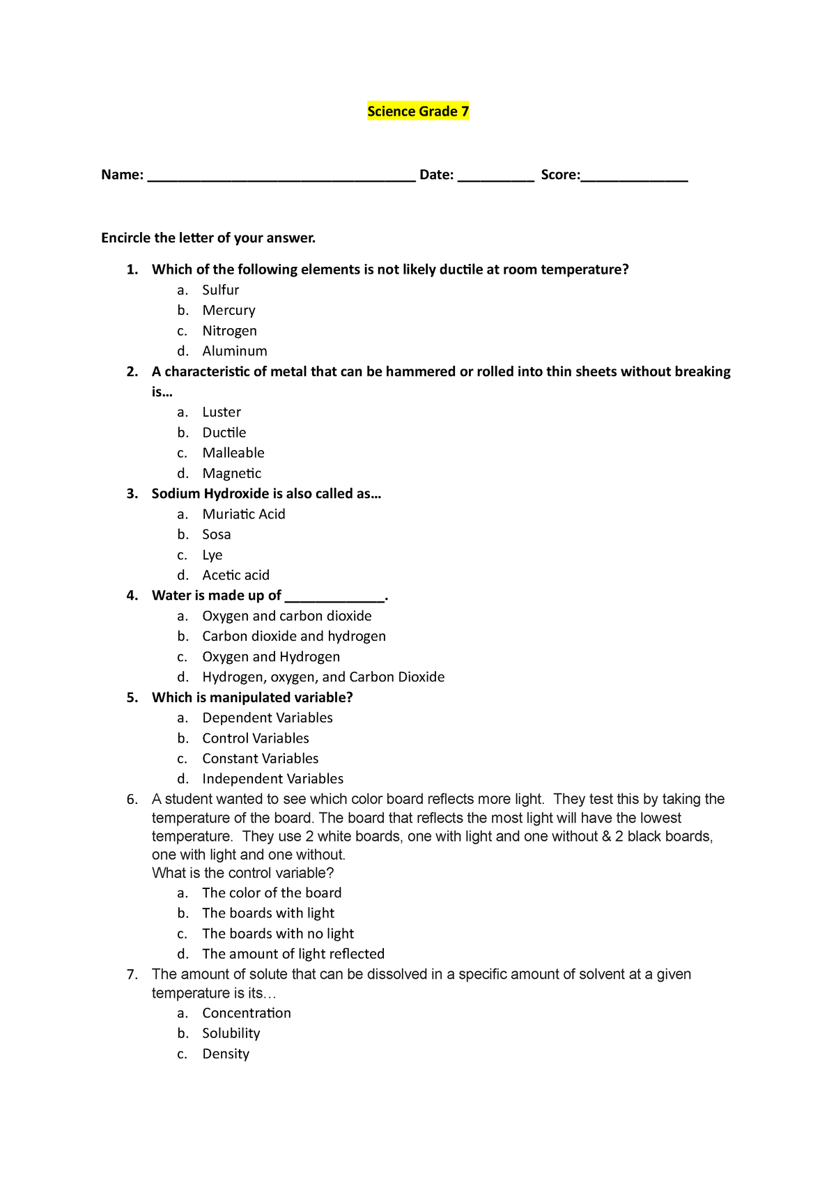 Science Grade 7 Summative Test From First Quarter To 4th Quarter 