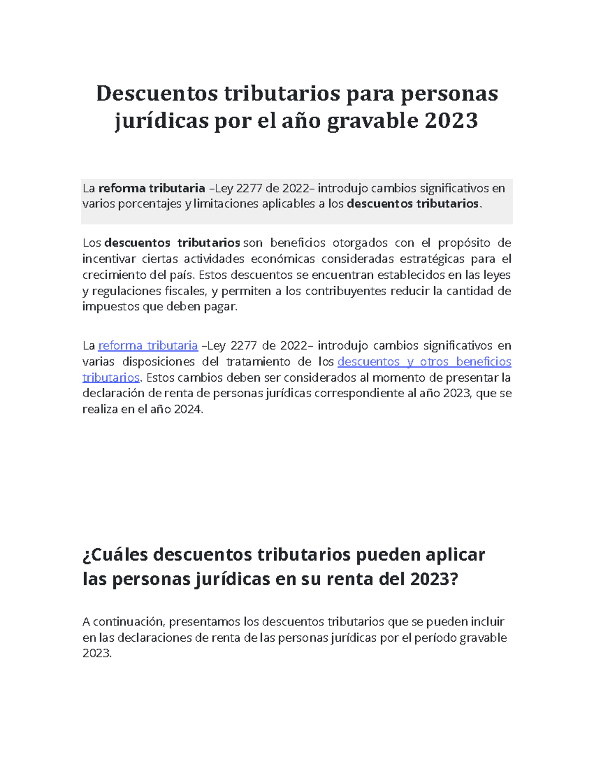 Descuentos tributarios para personas jurídicas por el año gravable 2023 ...