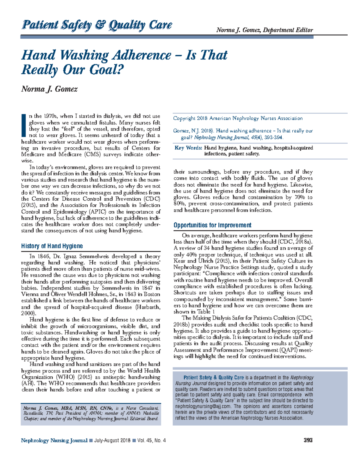 Hand washing Nephrology Nursing Journal JulyAugust 2018 Vol. 45, No