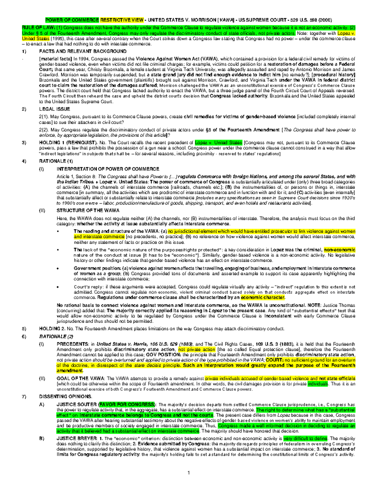 DETAILED CASE BRIEF & Class Notes US V. Morrison (Commerce Clause) - 1 ...