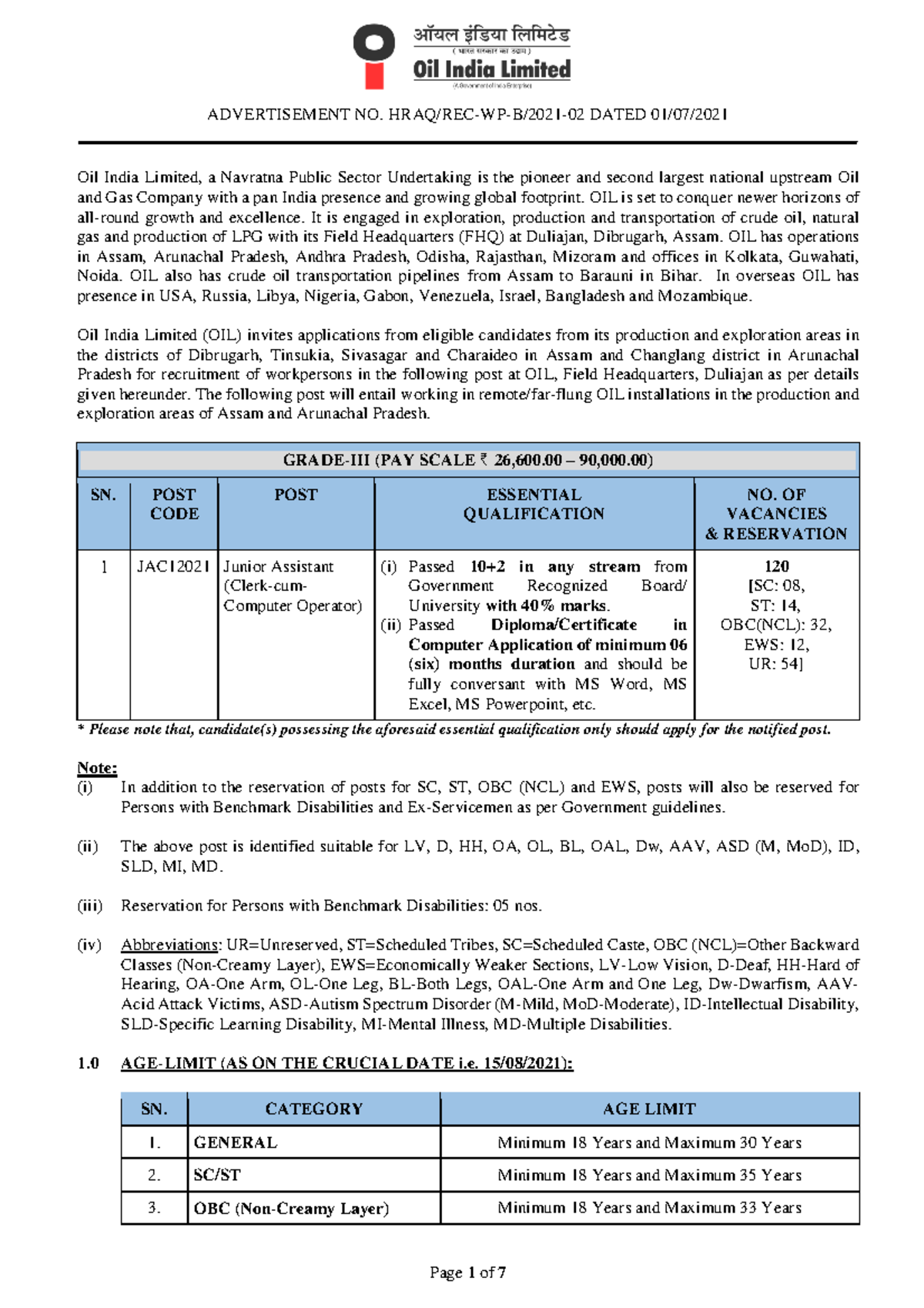 Notification Oil India Ltd Jr Assistant Posts - ADVERTISEMENT NO. HRAQ ...