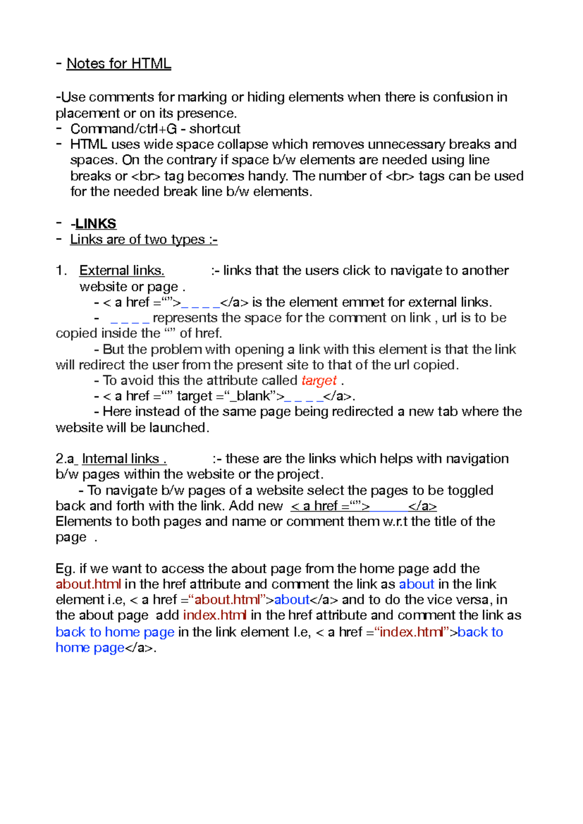 HTML Notes-links,lists&tables - Notes for HTML Use comments for marking ...