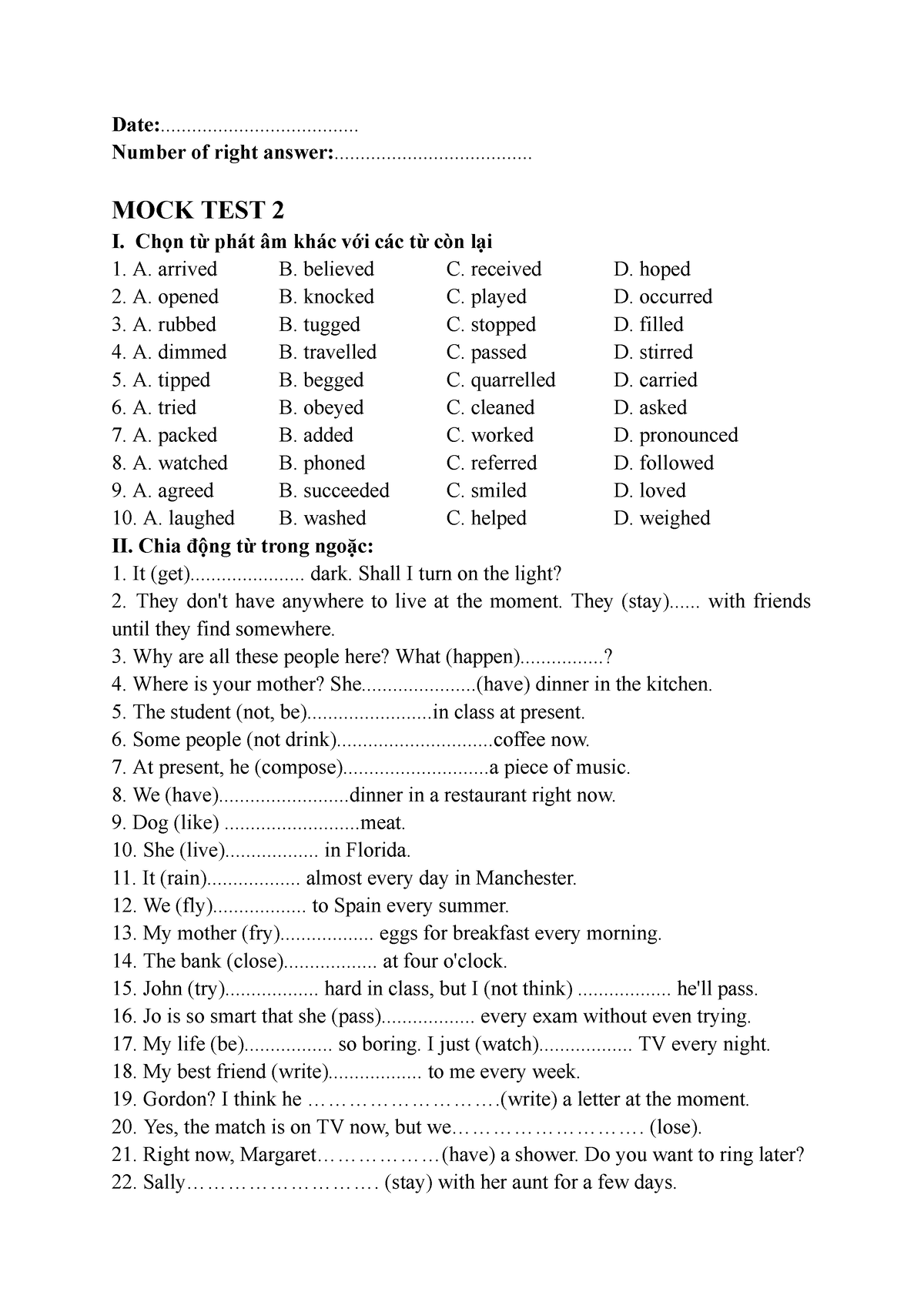 MOCK2 Tenses - Mock Tests Are Used For Practicing Your Daily English ...