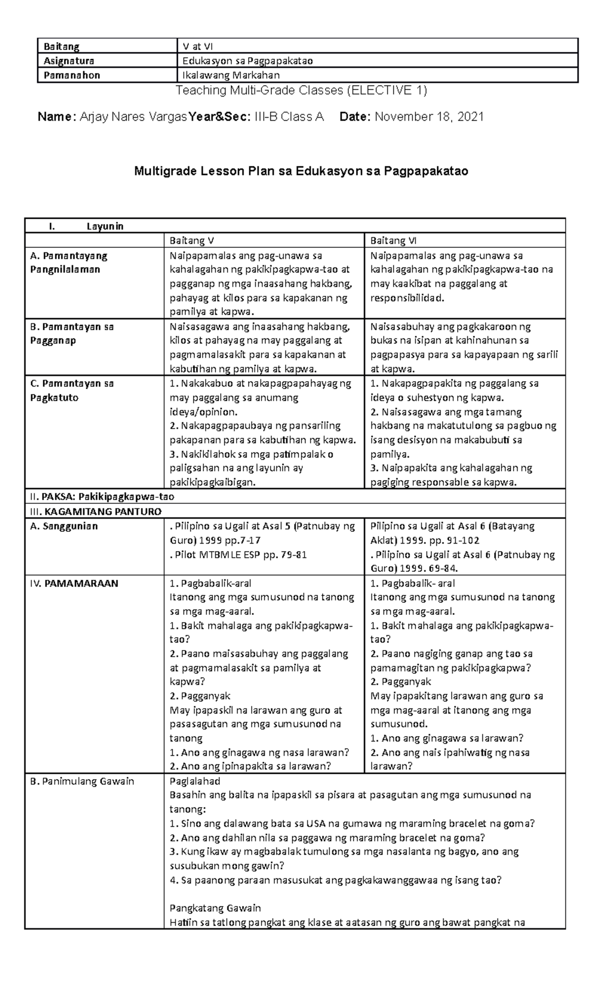 Multigrade Lesson Plan In Elementary Education Baitang V At VI 