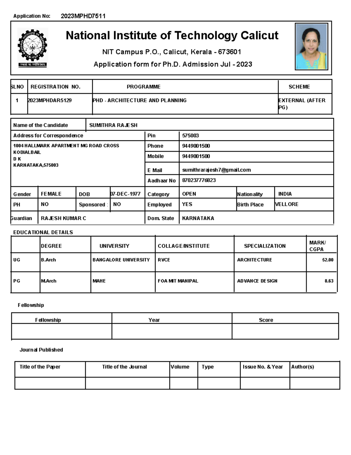 2023MPHD7511 - Application No: National Institute of Technology Calicut ...