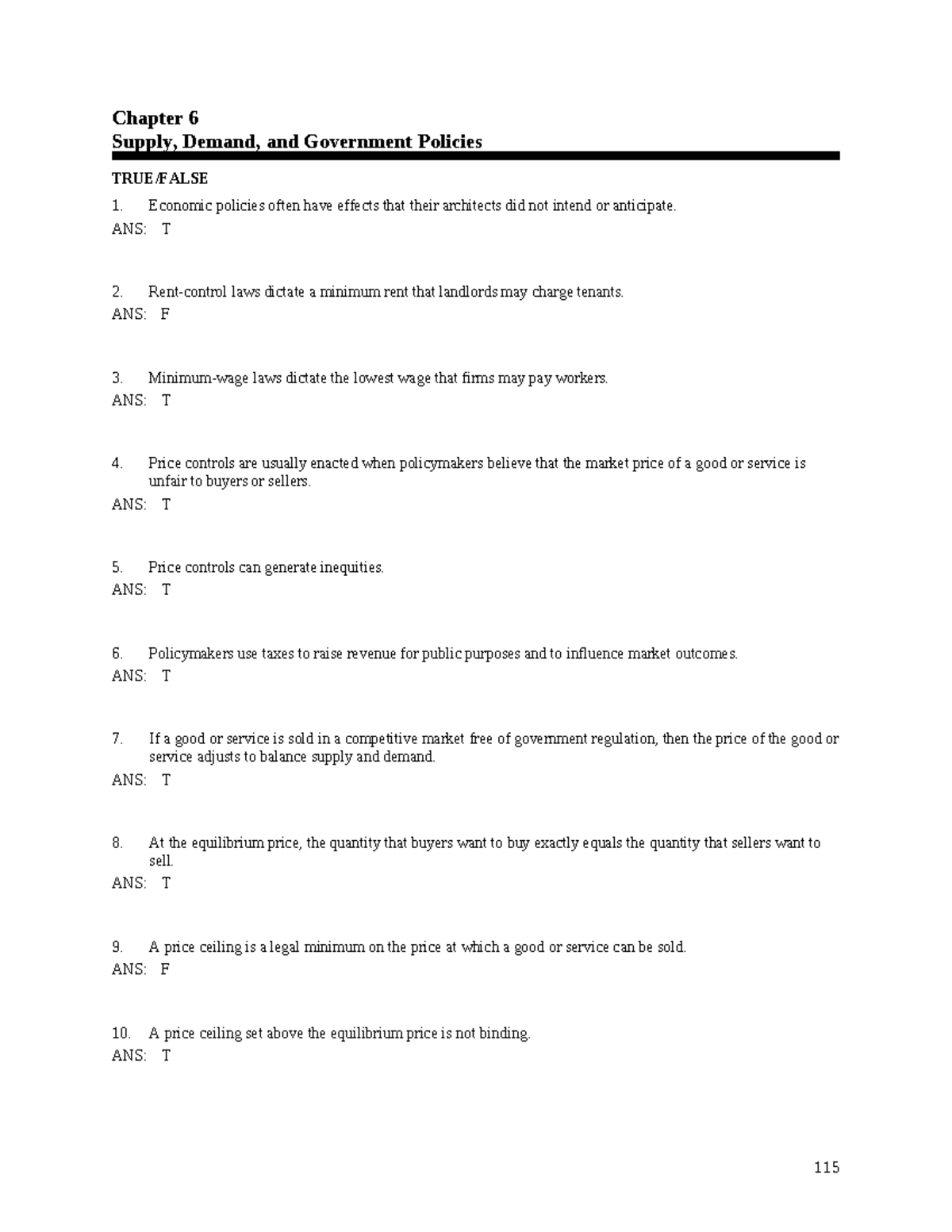 Chapter 6 M/C with answers Chapter 6 Supply, Demand, and Government
