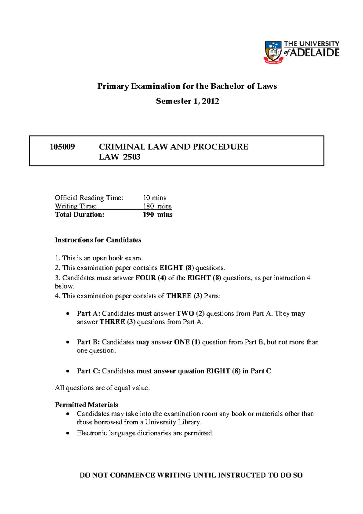 Criminal Law and Procedure S1 2012 Primary Exam Primary Examination