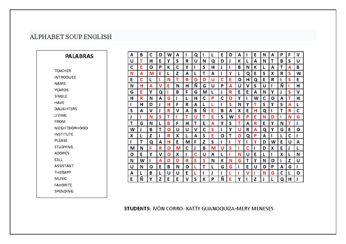 Crucigrama Ingles ejercicio ALPHABET SOUP ENGLISH STUDENTS IVÓN