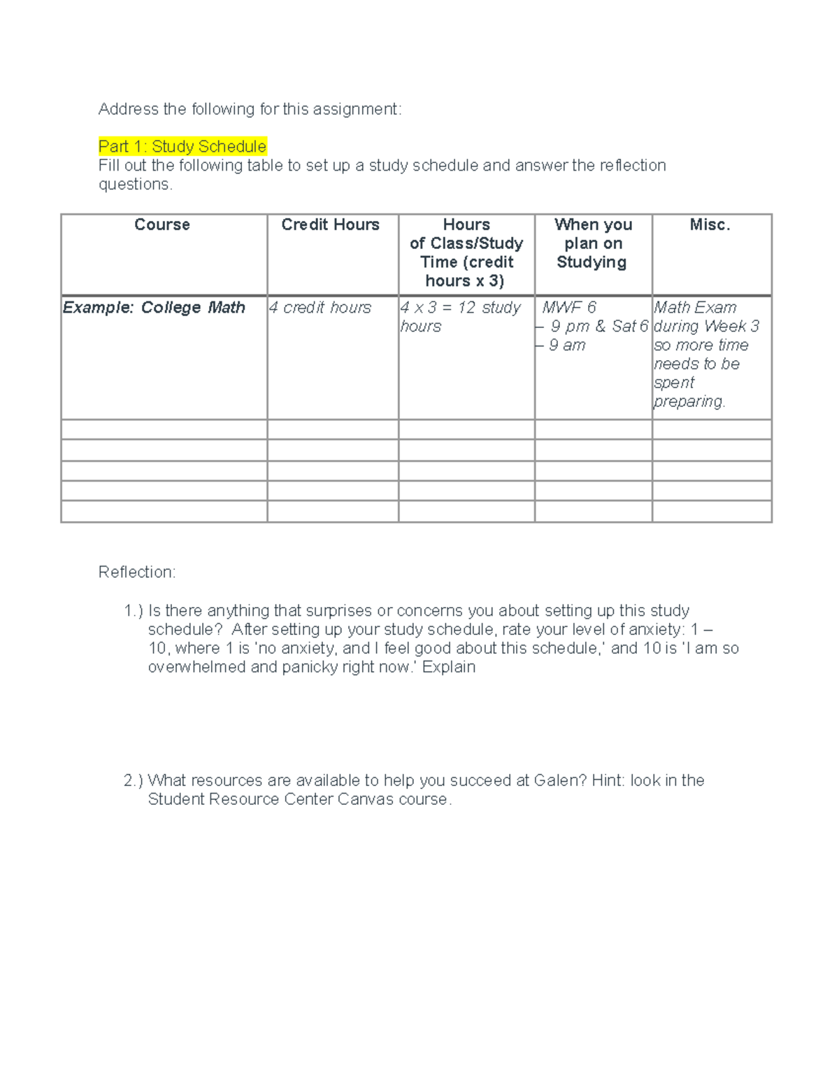 Study Plan & Calendar Week 2 - Address the following for this ...