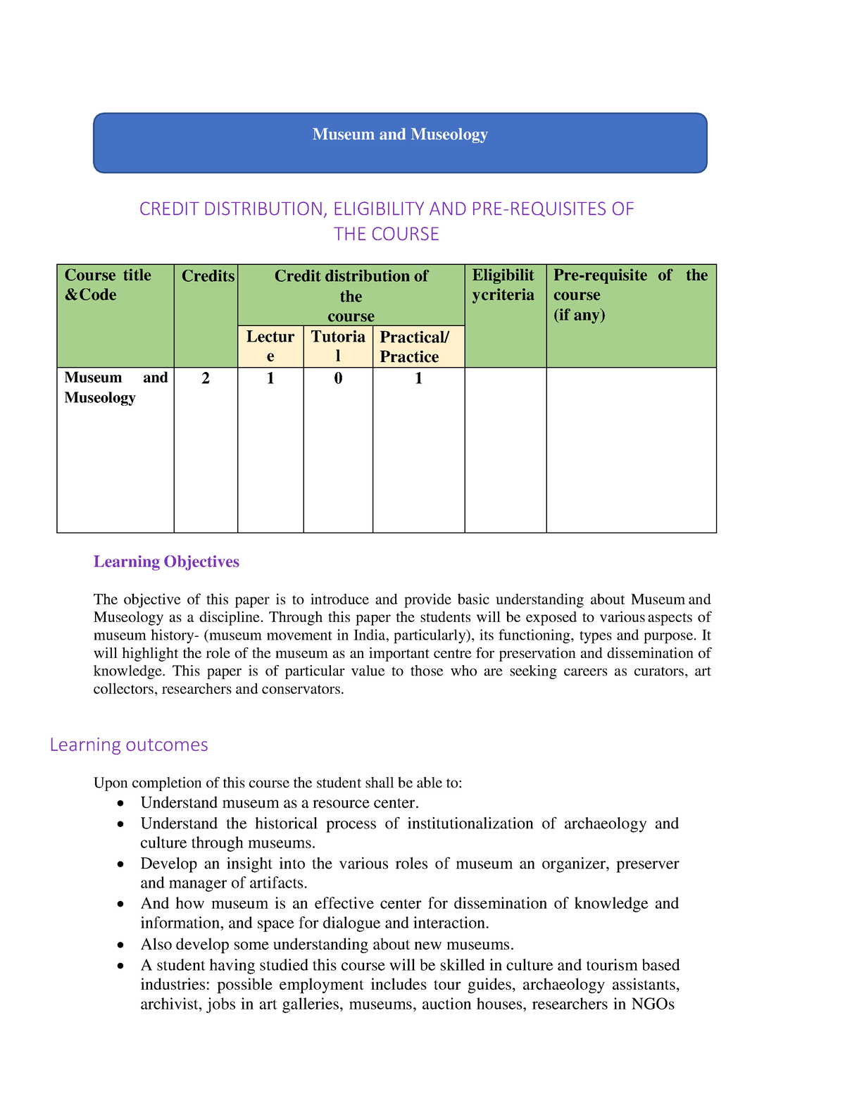 Museum And Museology - CREDIT DISTRIBUTION, ELIGIBILITY AND PRE ...