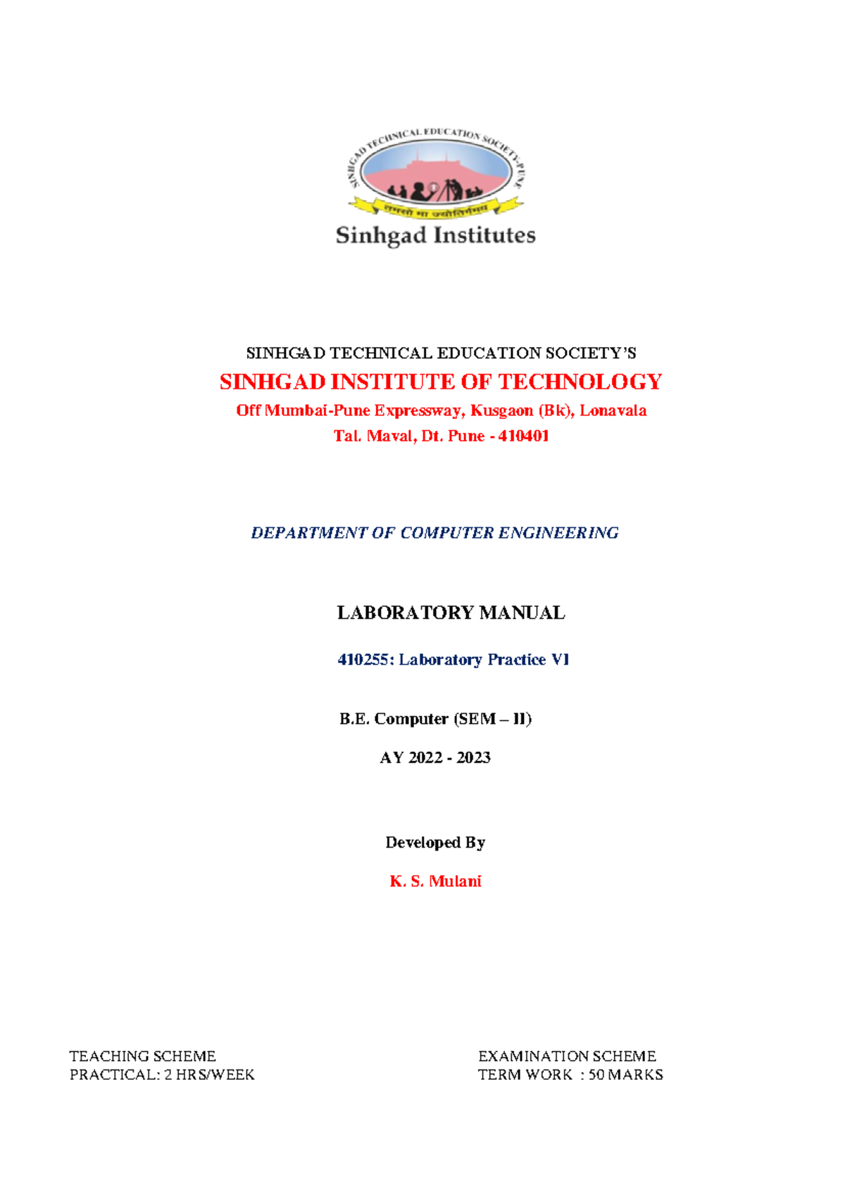 LP-VI BI lab manual - SINHGAD TECHNICAL EDUCATION SOCIETY’S SINHGAD ...