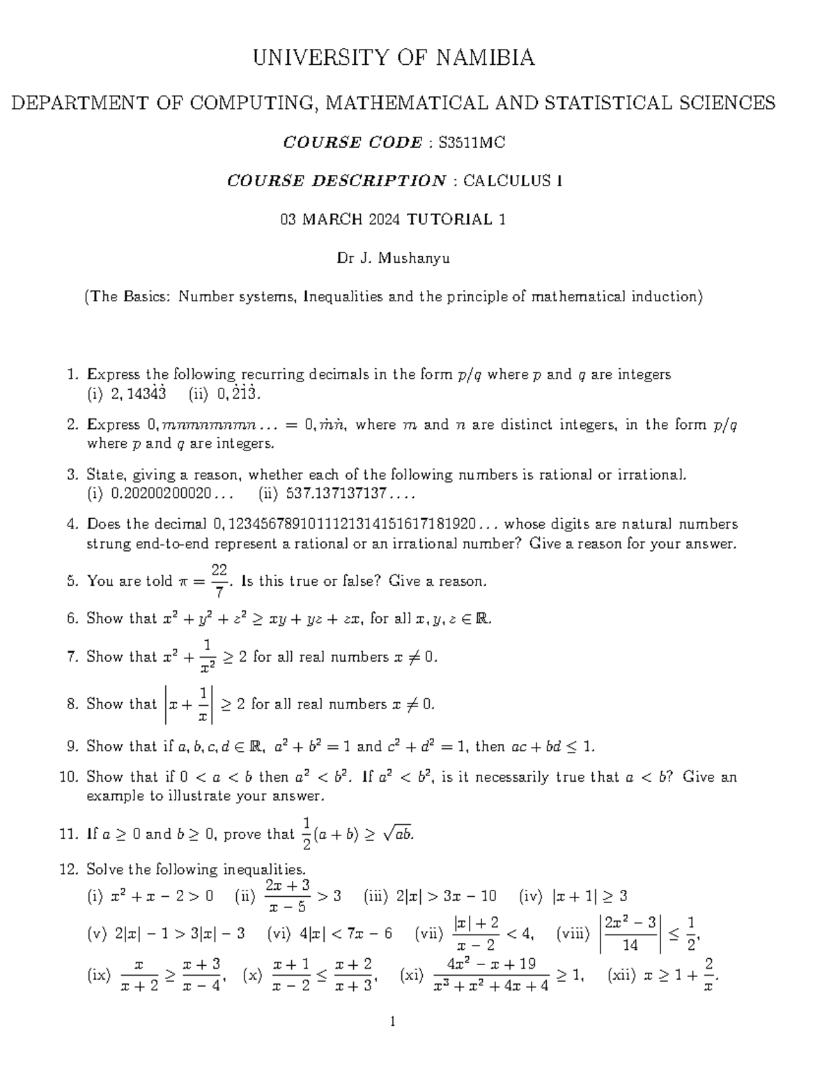 S3511MC Calculus I Tutorial 1 2024 - UNIVERSITY OF NAMIBIA DEPARTMENT ...