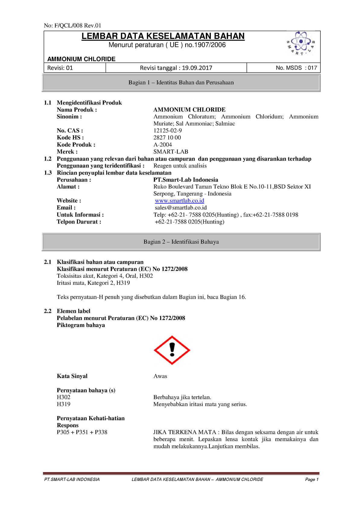 MSDS Ammonium Chloride (INDO) - LEMBAR DATA KESELAMATAN BAHAN Menurut