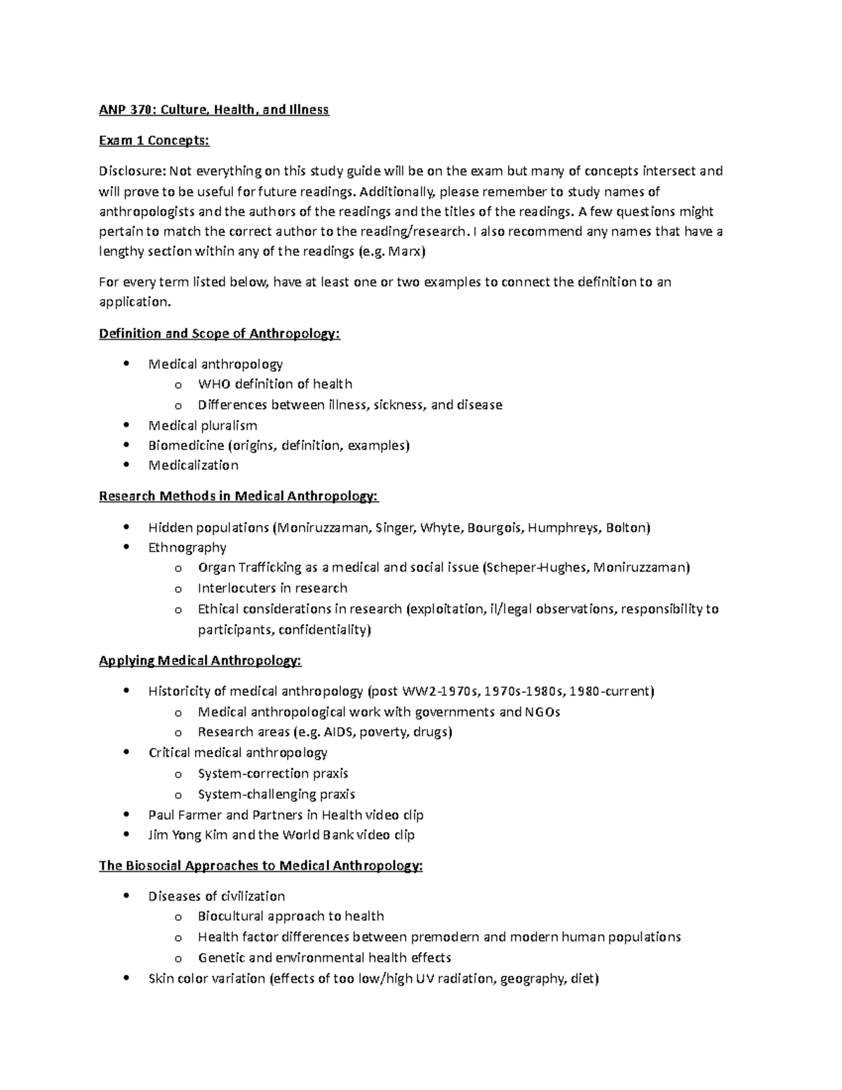 Exam 1 Study Guide - ANP 370: Culture, Health, and Illness Exam 1 ...