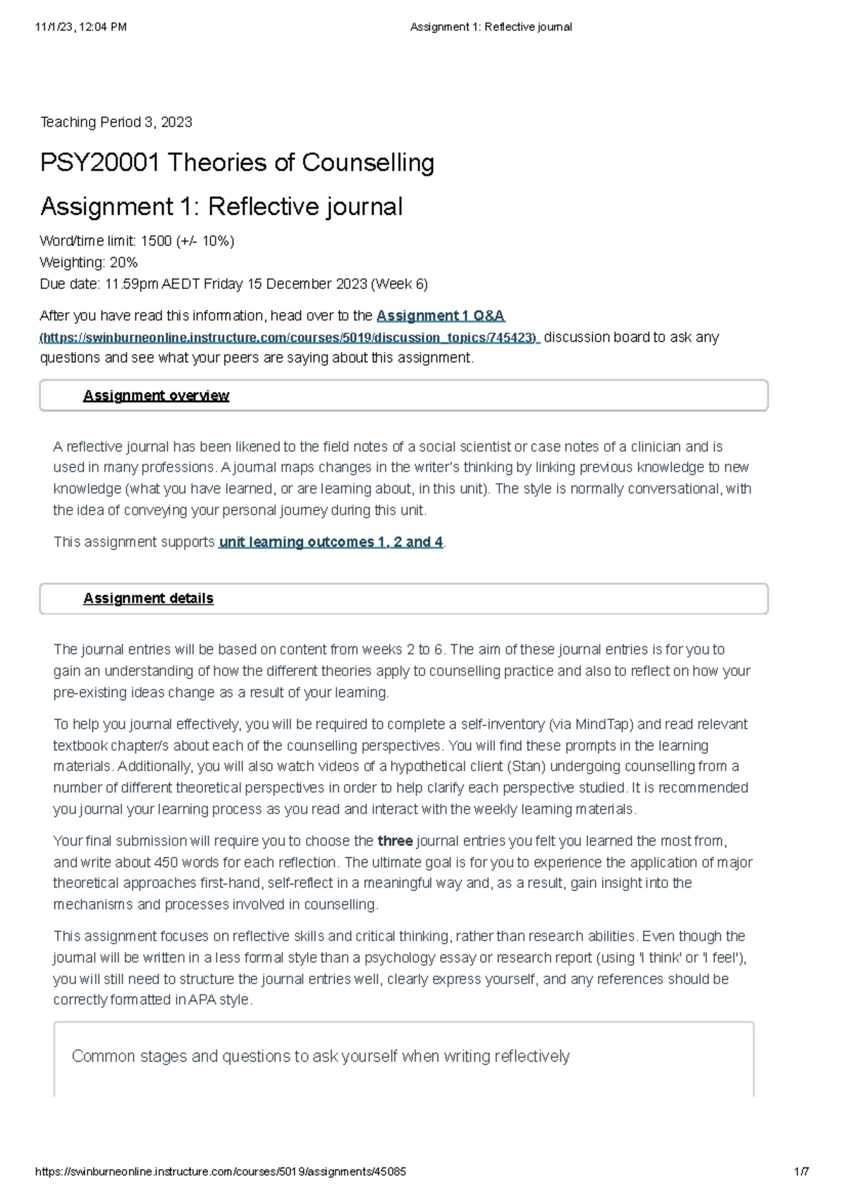 Assignment 1 Reflective journal - Teaching Period 3, 2023 PSY20001 ...