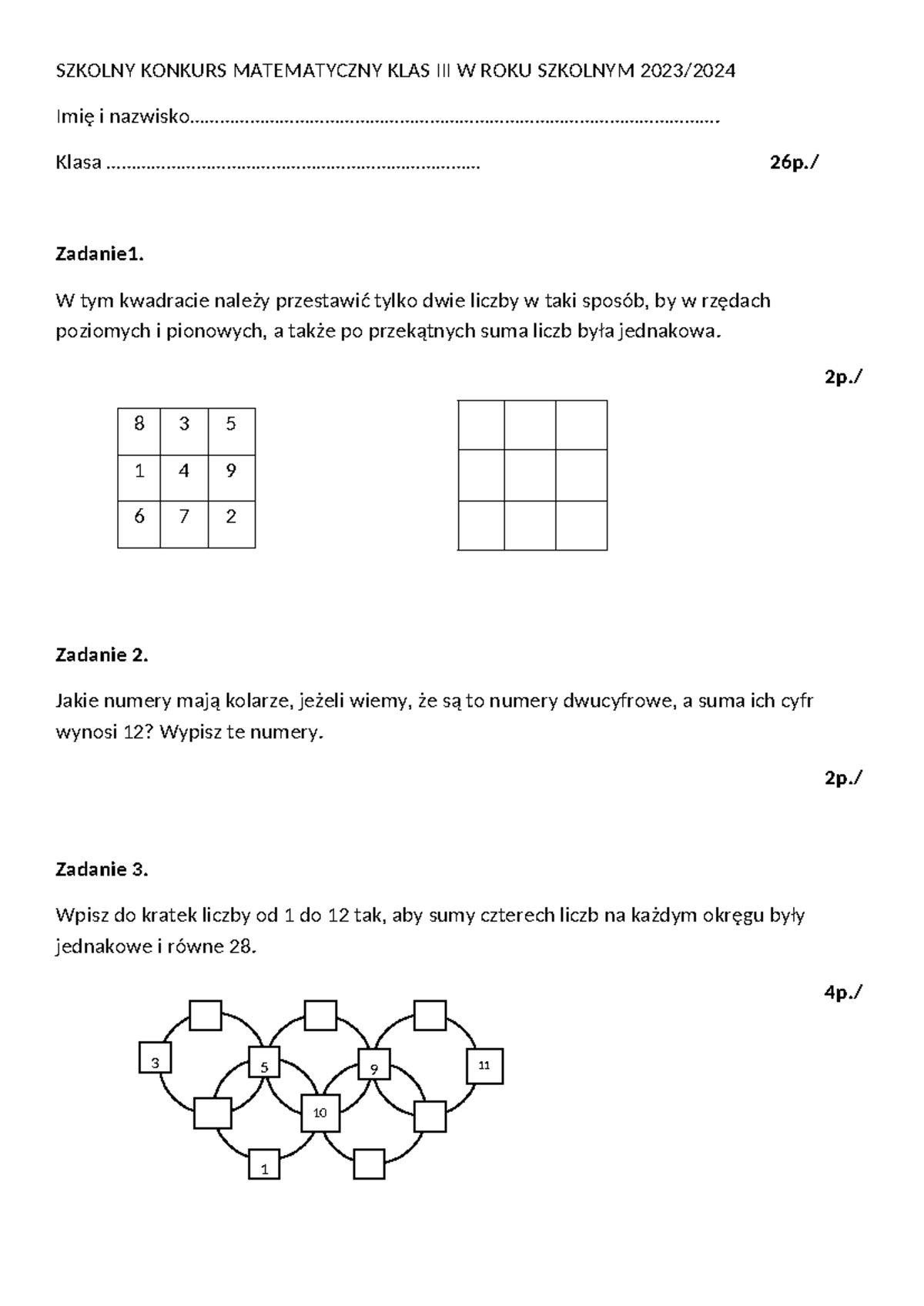 Konkurs matematyczny kl III 2023-24 - SZKOLNY KONKURS MATEMATYCZNY KLAS