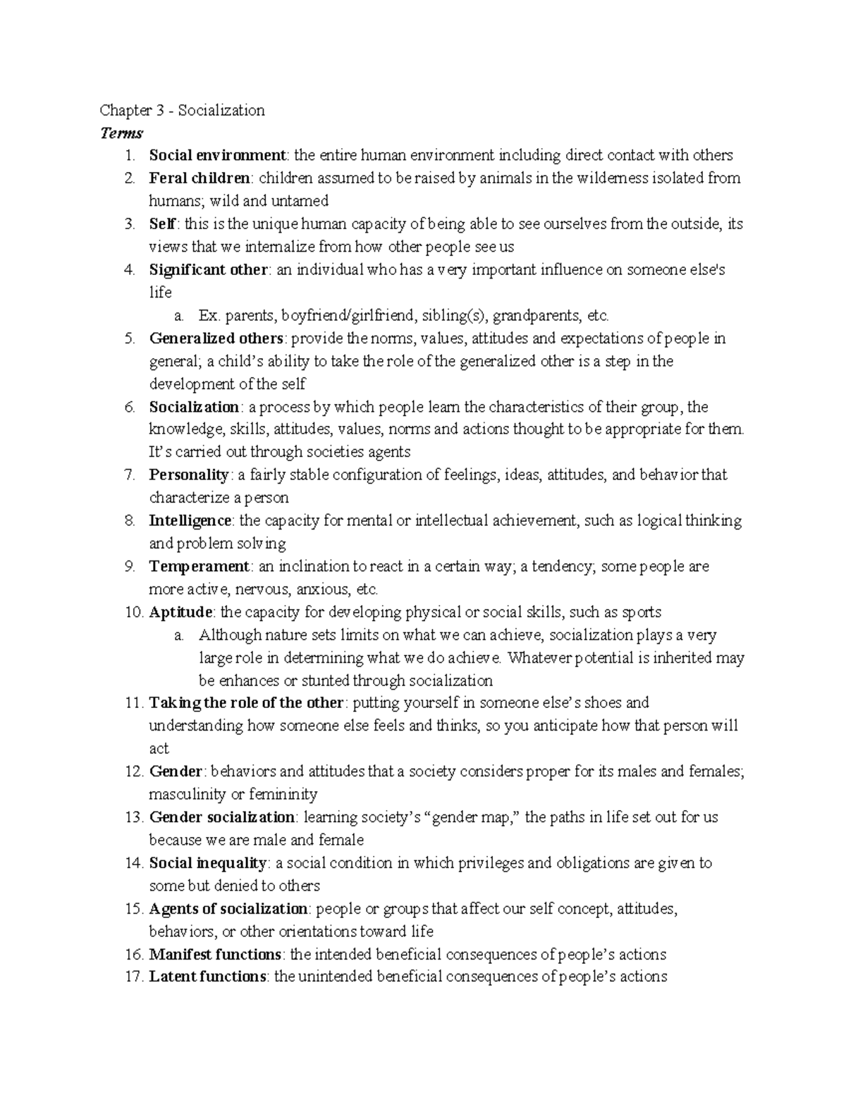 Chapter 3 Notes sociology - Chapter 3 - Socialization Terms 1. Social ...