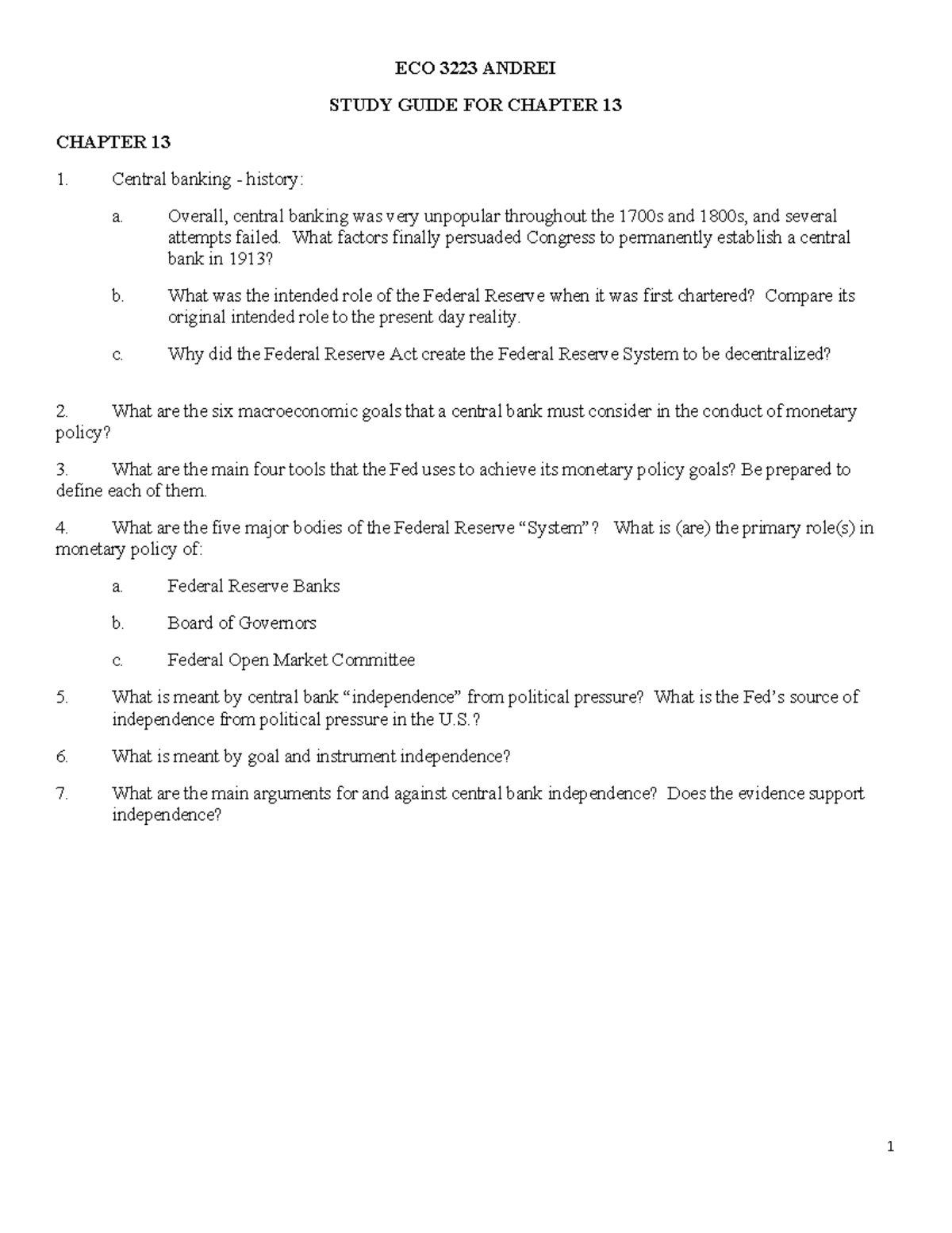 Study Guide Chapter 13 1 ECO 3223 ANDREI STUDY GUIDE FOR CHAPTER 13