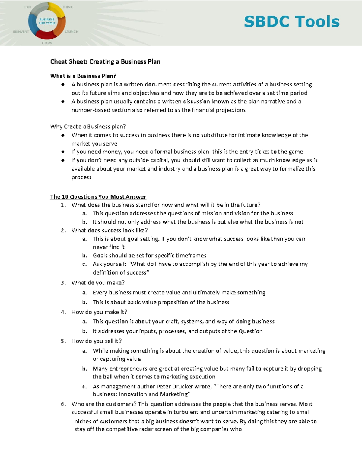 Business Plan Cheat Sheet - Cheat Sheet: Creating a Business Plan What