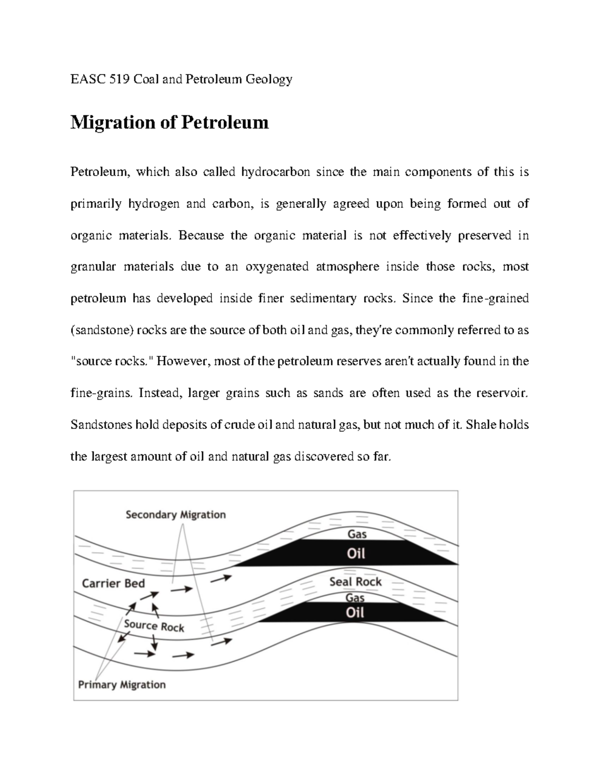 Factors controlling the Migration of Petroleum EASC 519 Coal and