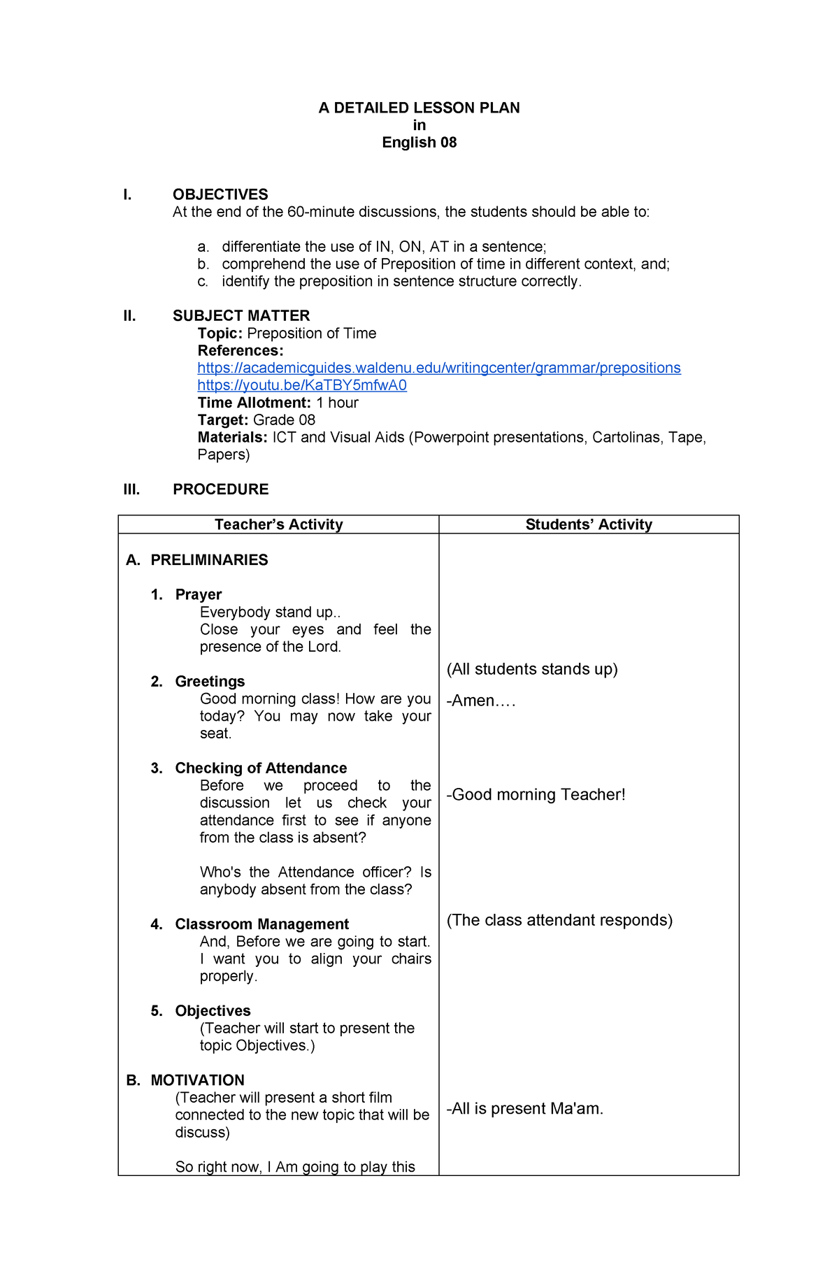 In,On,At preposition - A DETAILED LESSON PLAN in English 08 I ...