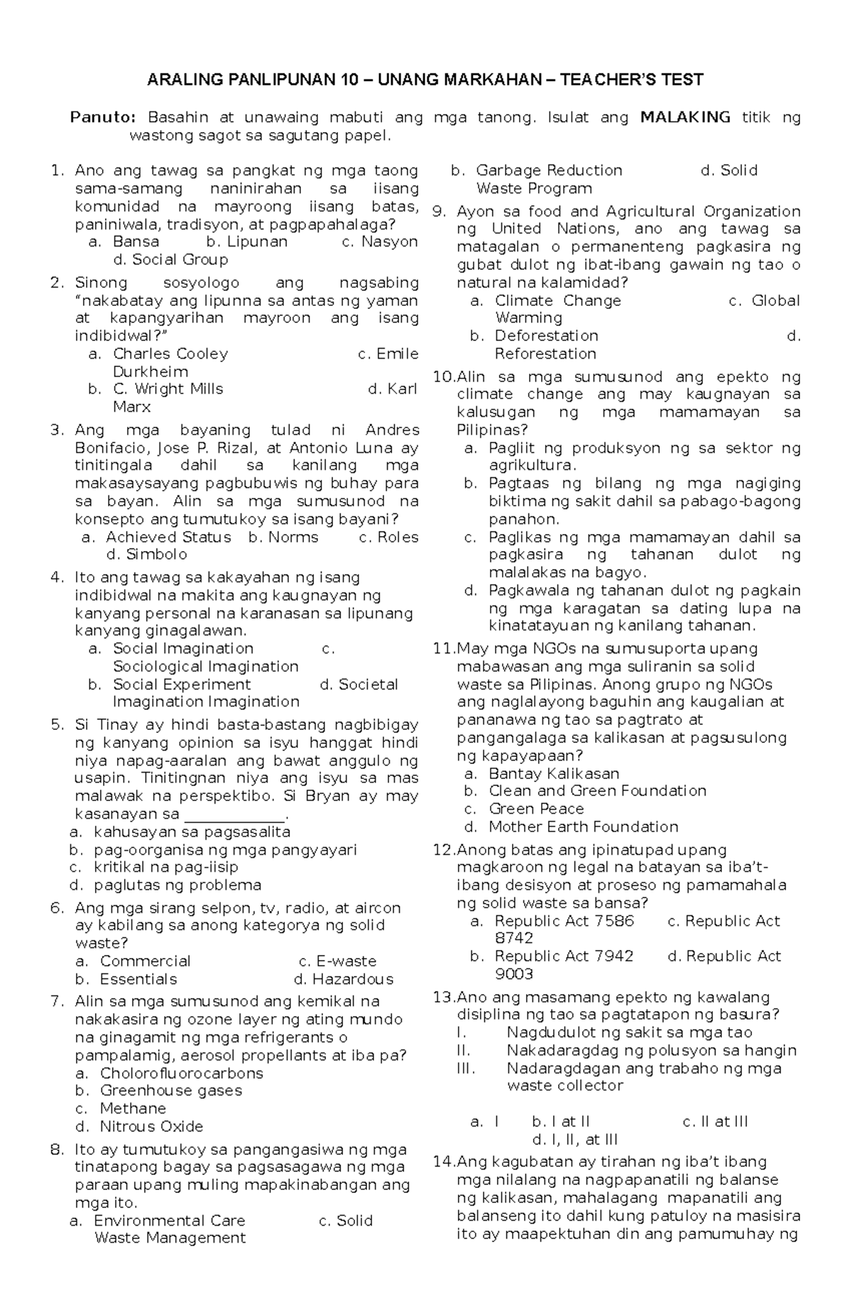 AP10 First Quarter Teachers Test - ARALING PANLIPUNAN 10 – UNANG ...