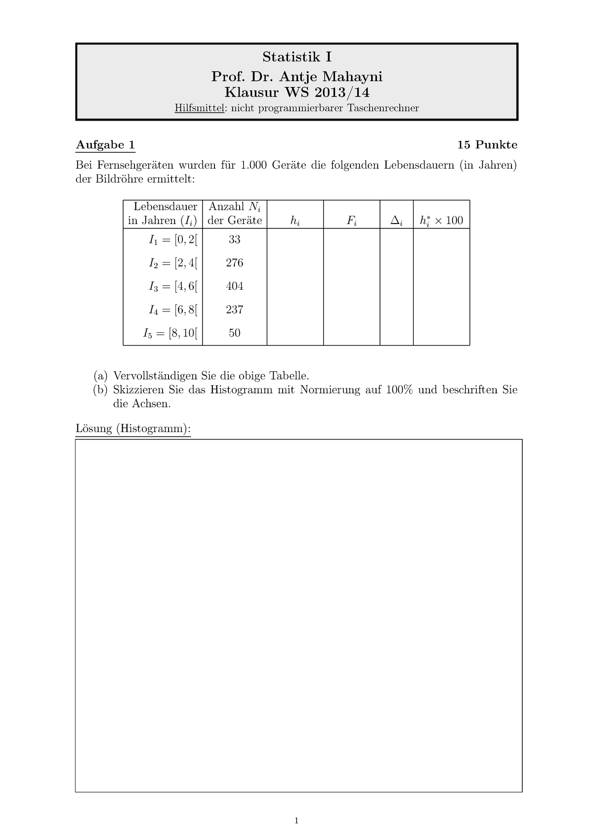 Prüfung 2014 Fragen WS 2013 14 Statistik I Prof Dr Antje Mahayni Klausur WS 2013 StuDocu