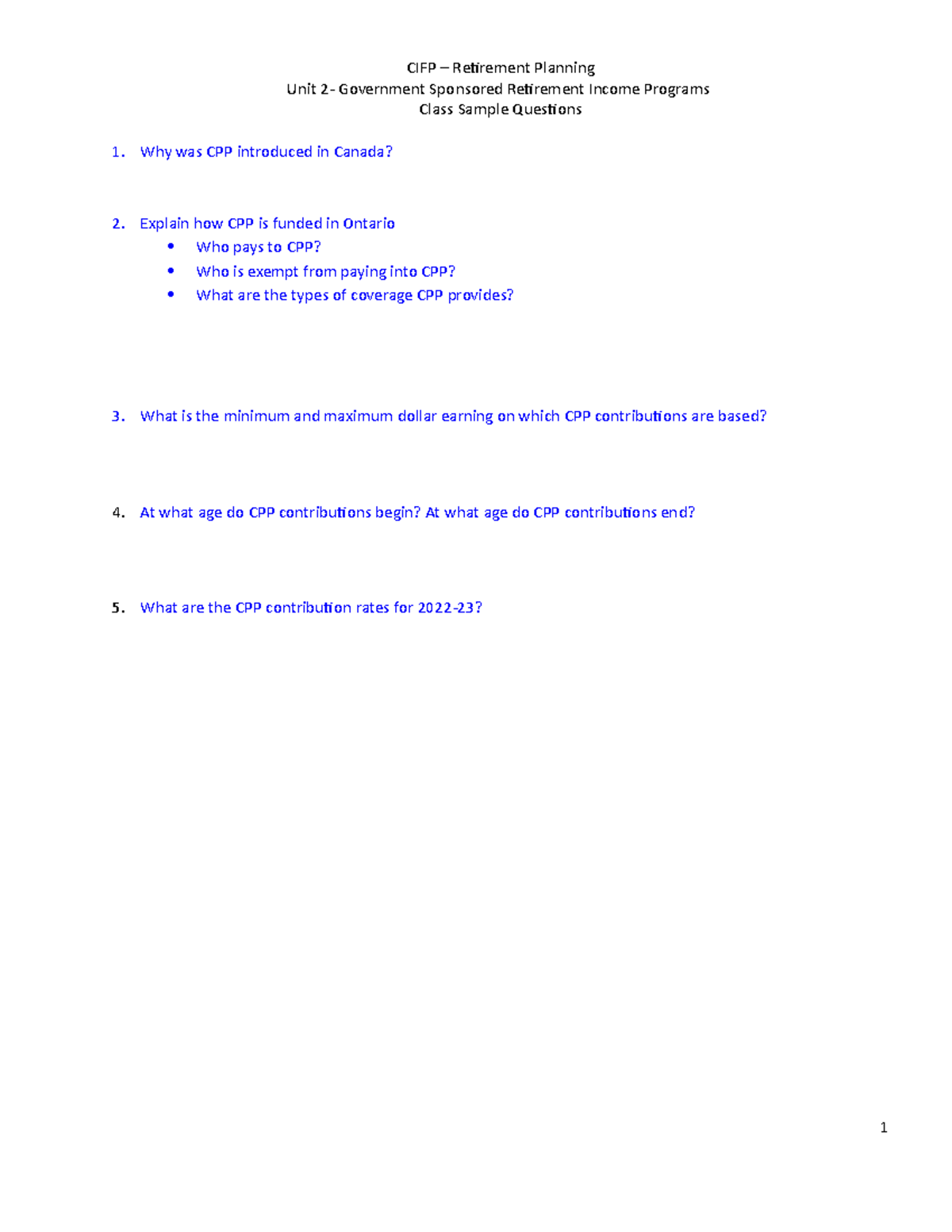 CIFP - Retirement Planning - Unit 2 Class sample questions 2023 - Unit ...