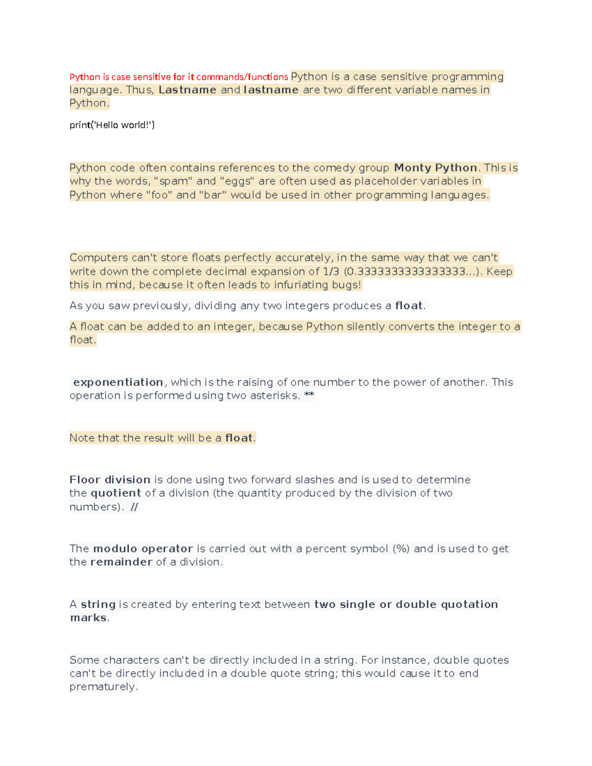 Python notes - this note will help - Python is case sensitive for it ...