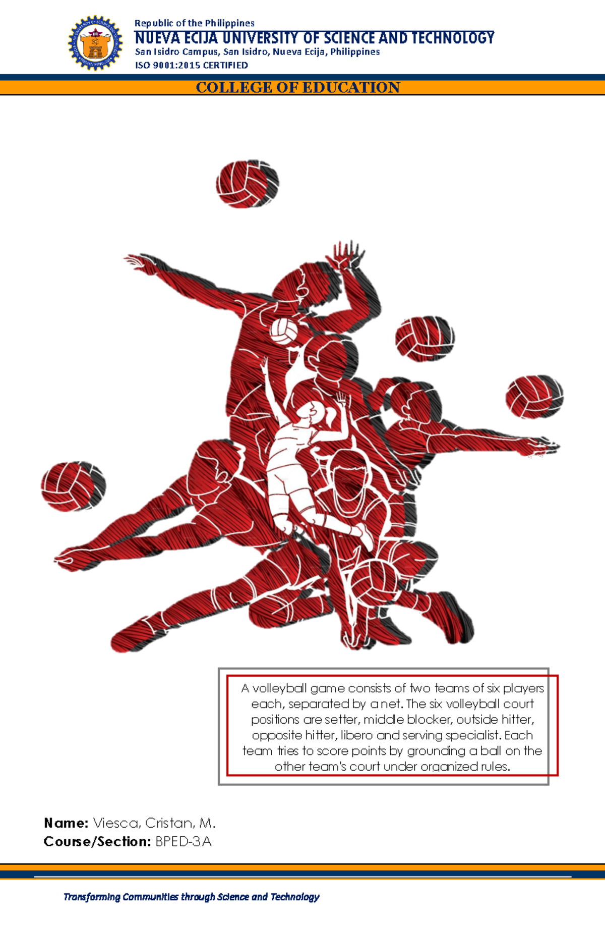 SEP Training Matrix Name Viesca, Cristan, M. Course/Section BPED3A