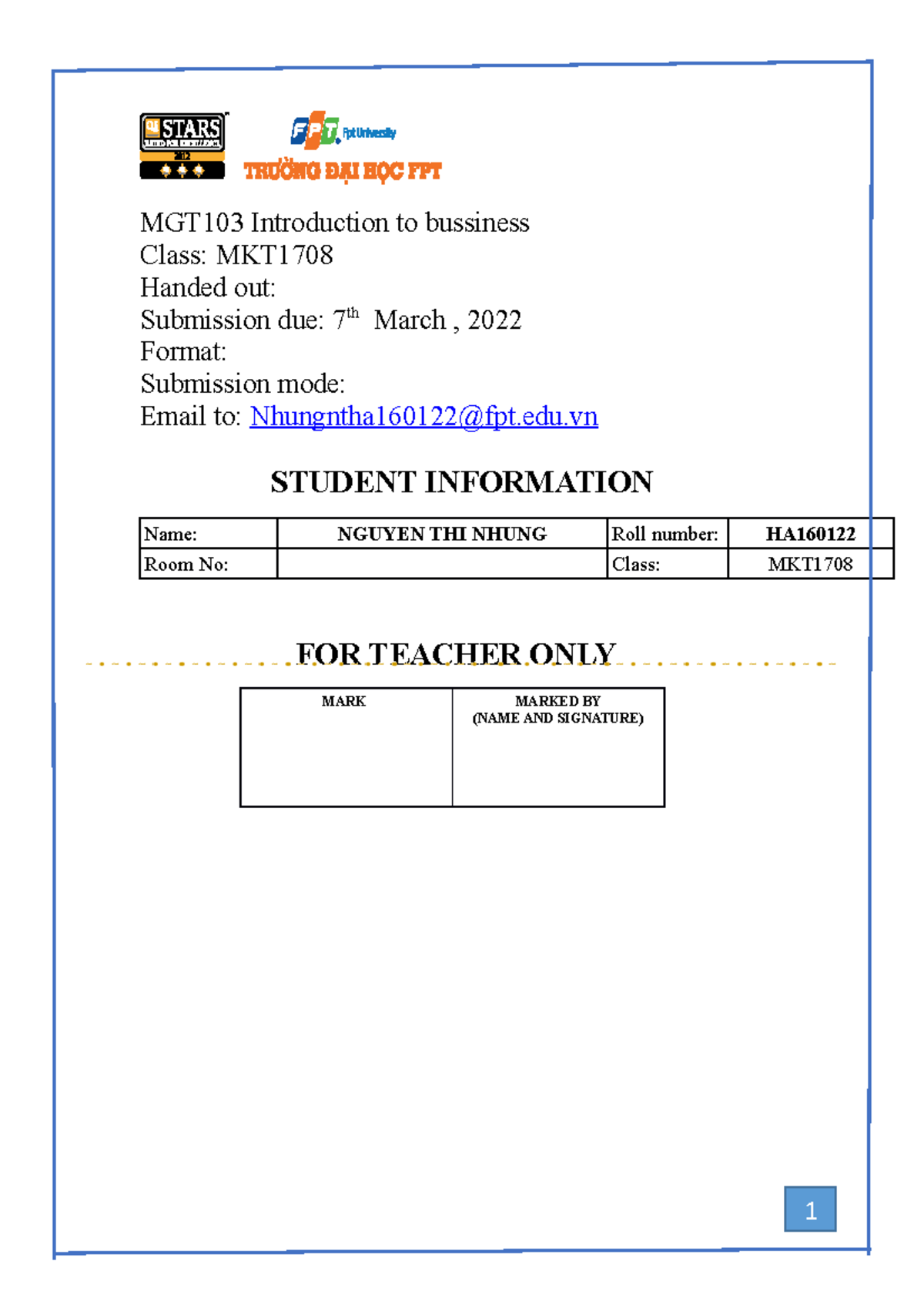 Individual MGT - Nhungg - MGT103 Introduction To Bussiness Class: MKT ...