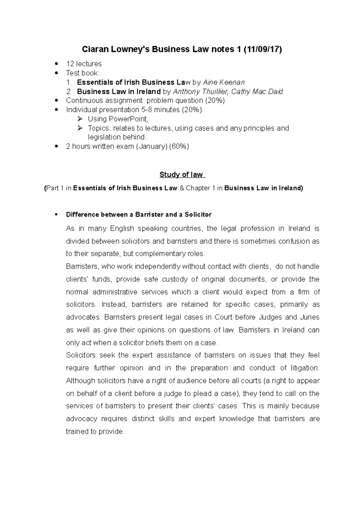 Business Law notes 1 Essentials of Irish Business Law by Aine Keenan