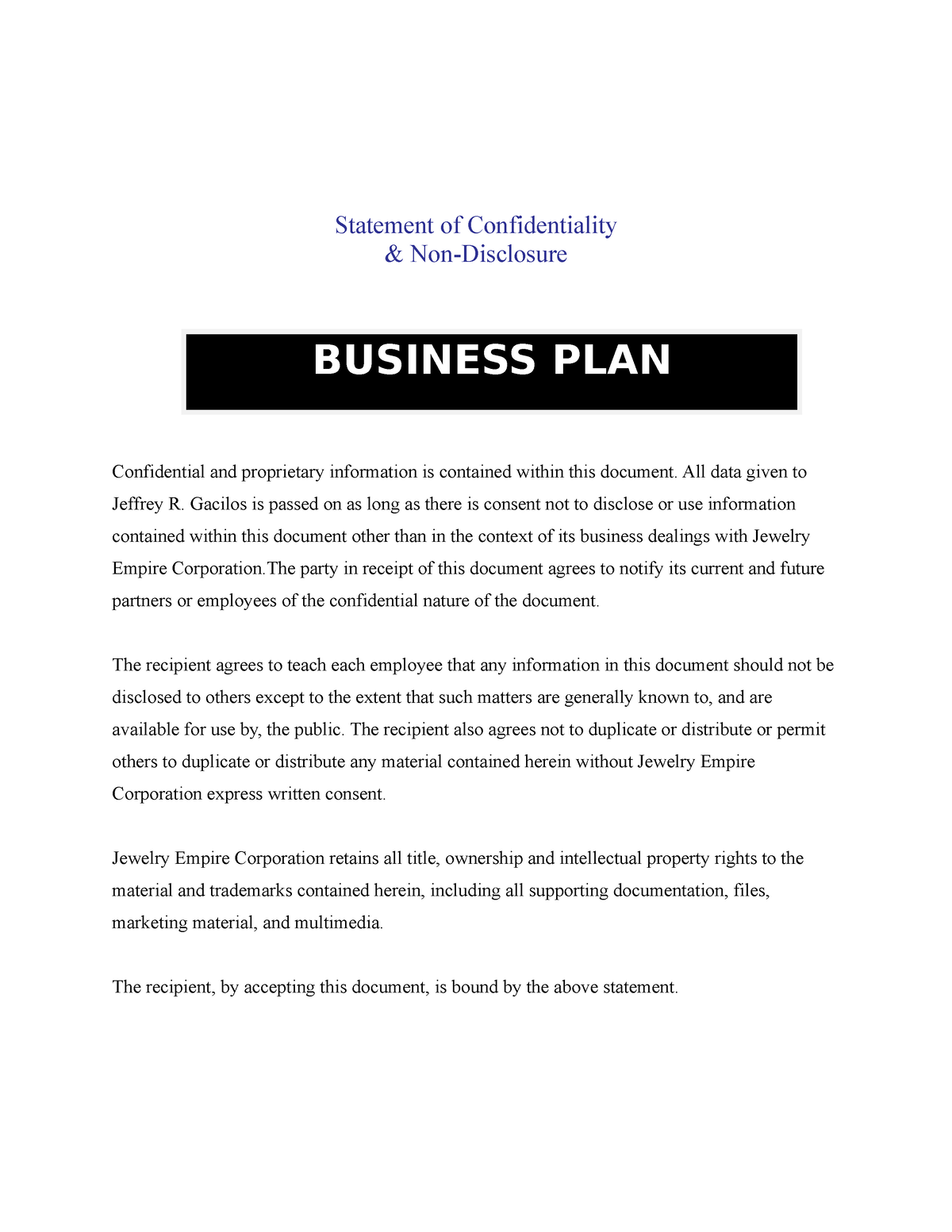 Business Plan Template - SIR Erick - Statement of Confidentiality & Non ...