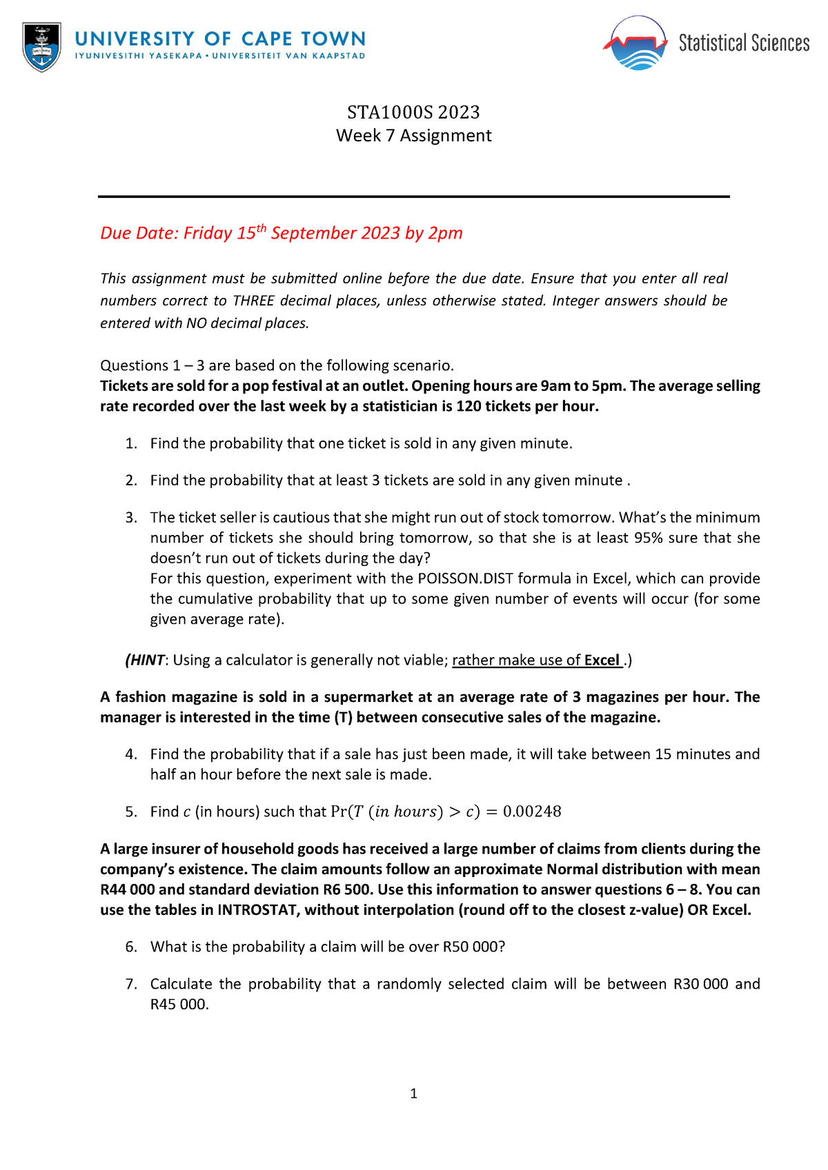 Assignment 7 STA1000S 2023 - 1 STA1000S 2023 Week 7 Assignment Due Date ...