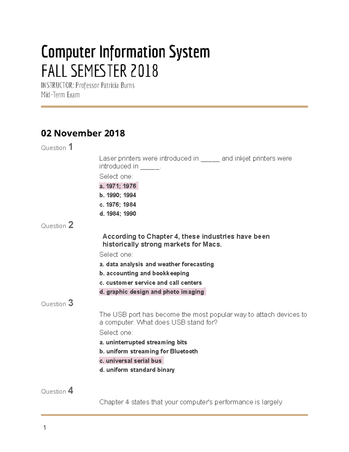 CIS Midterm EXAM - Computer Information System FALL SEM䔀匀TER 2018 ...