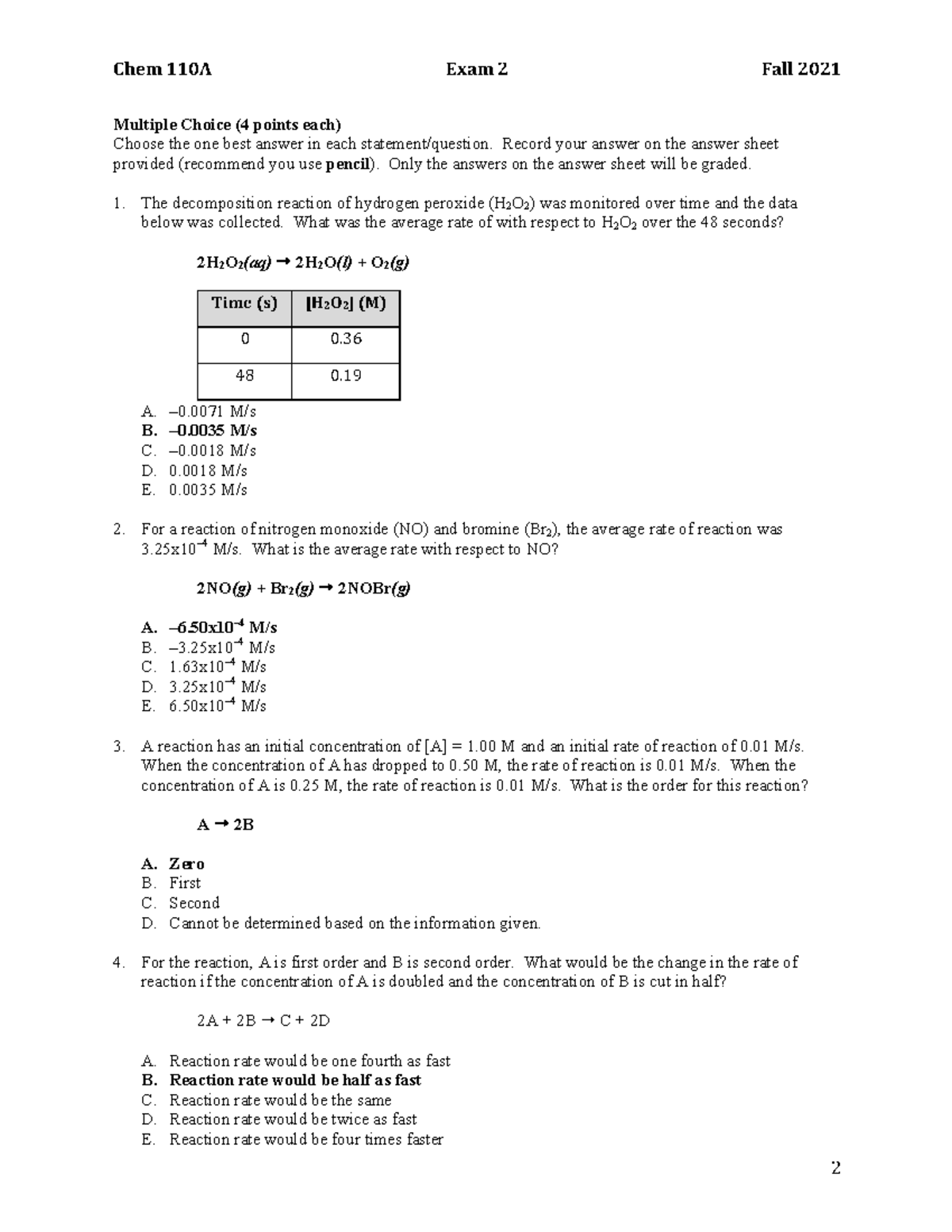 Exam2 110 Fa21 Key - exam 2 - Multiple Choice (4 points each) Choose ...