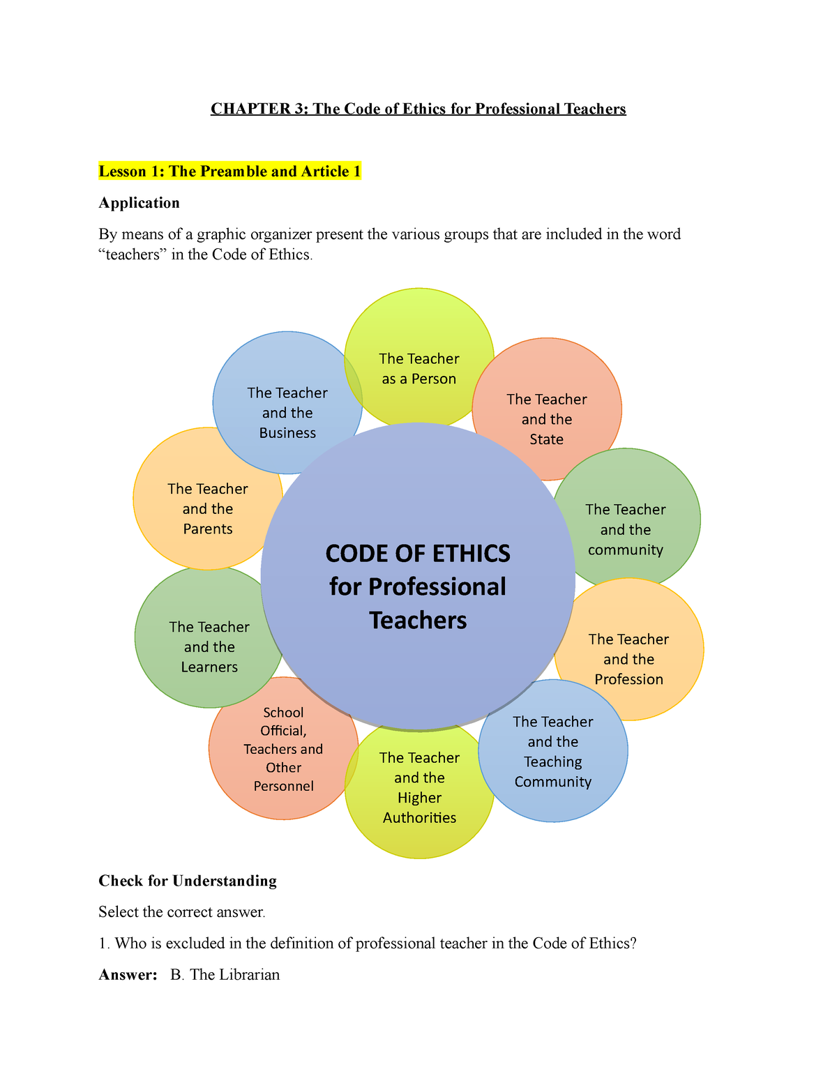 Answersheet Chapter 3 The Code Of Ethics For Professional Teachers 