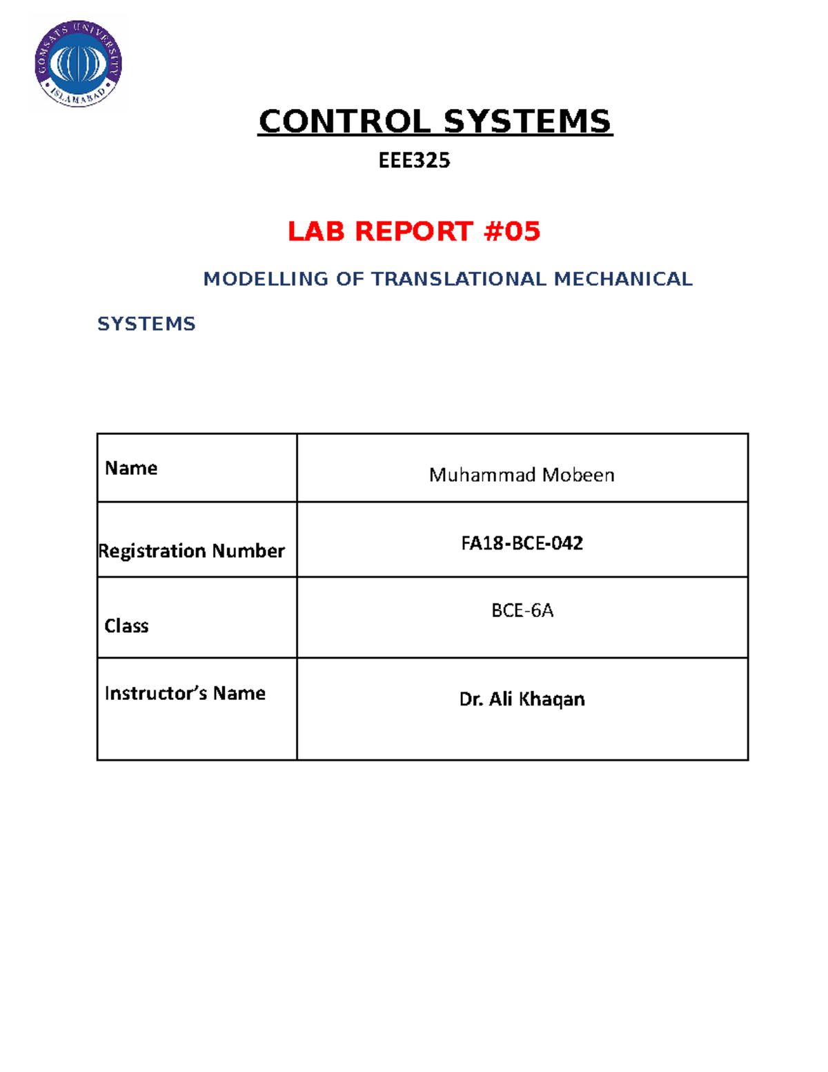 Lab5 FA18-BCE-042 - This is the lab report of Control System - CONTROL ...
