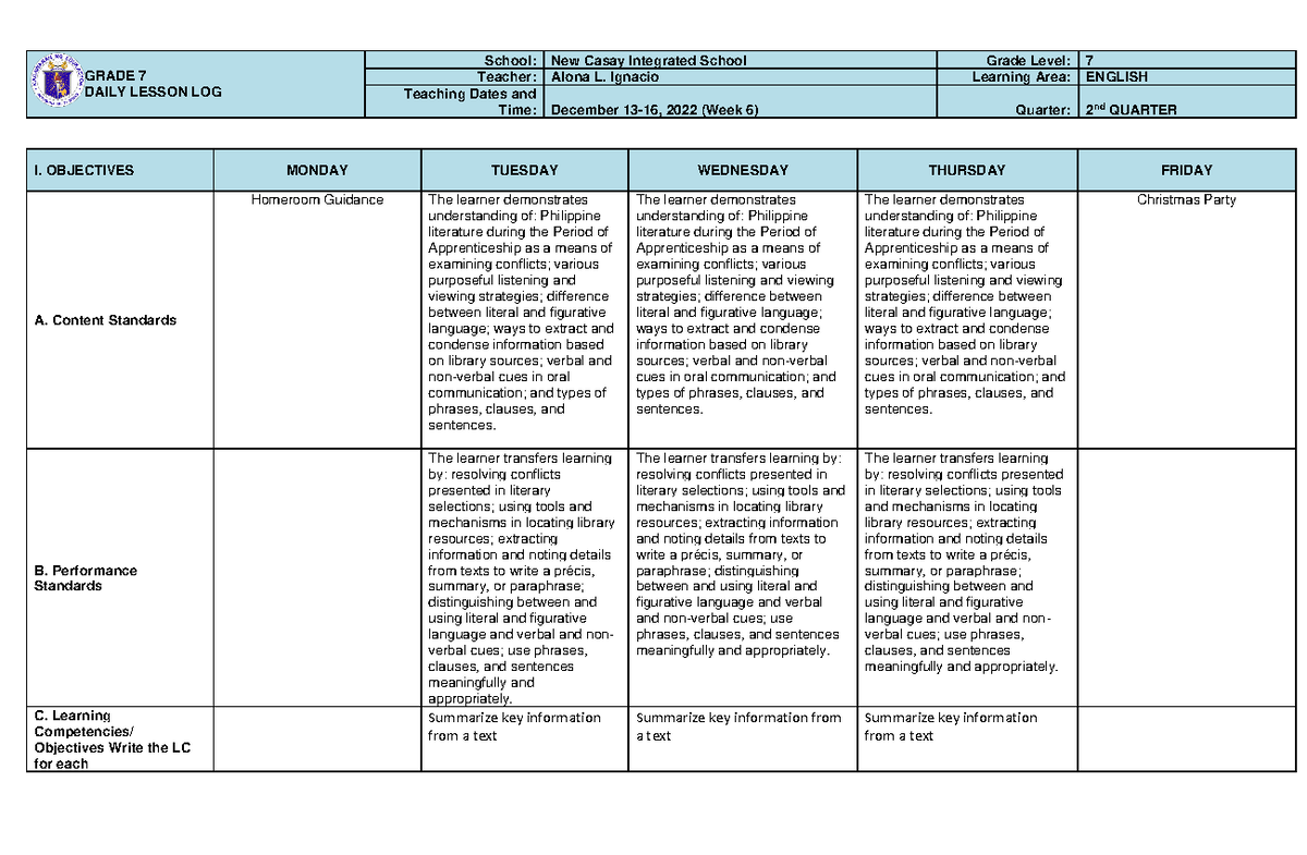 WEEK 6 - Lesson - GRADE 7 DAILY LESSON LOG School: New Casay Integrated ...