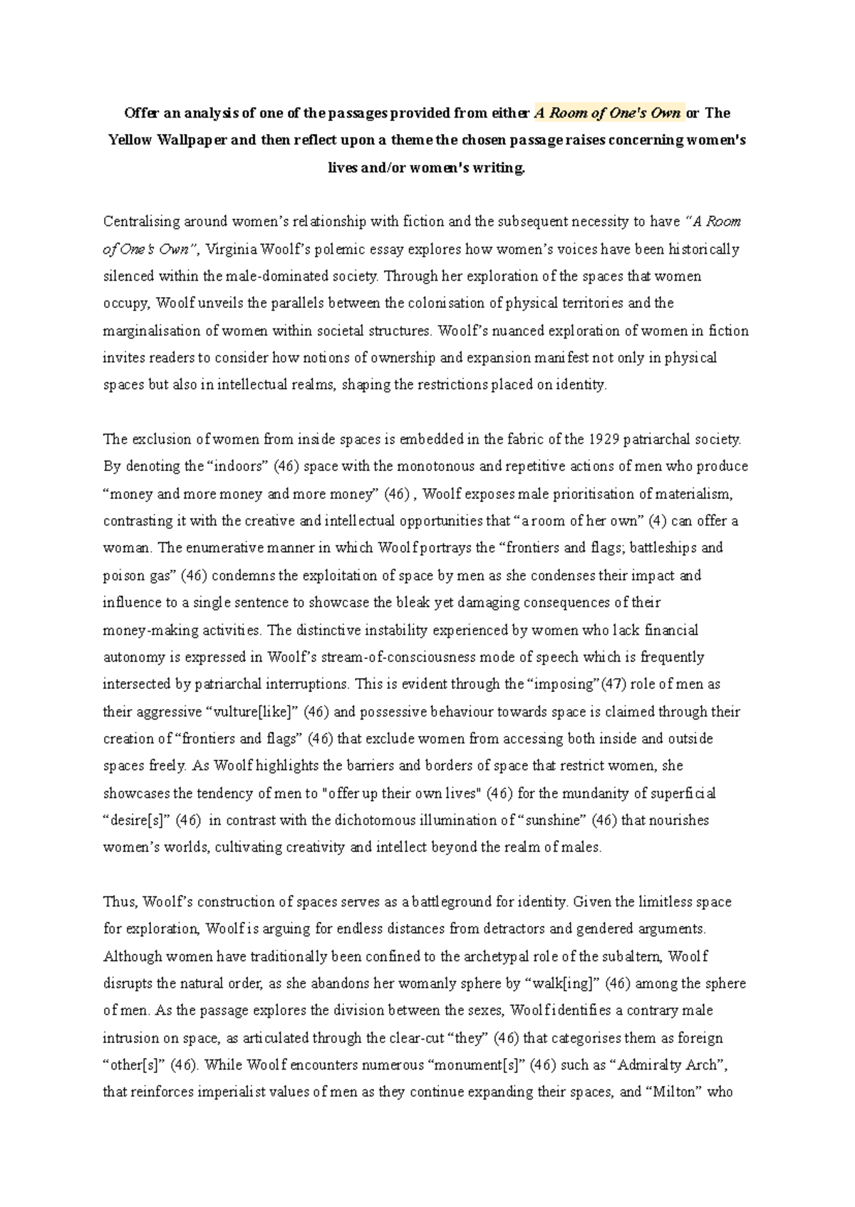 ATS2248 Passage Analyis A Room of Ones Own - Offer an analysis of one ...