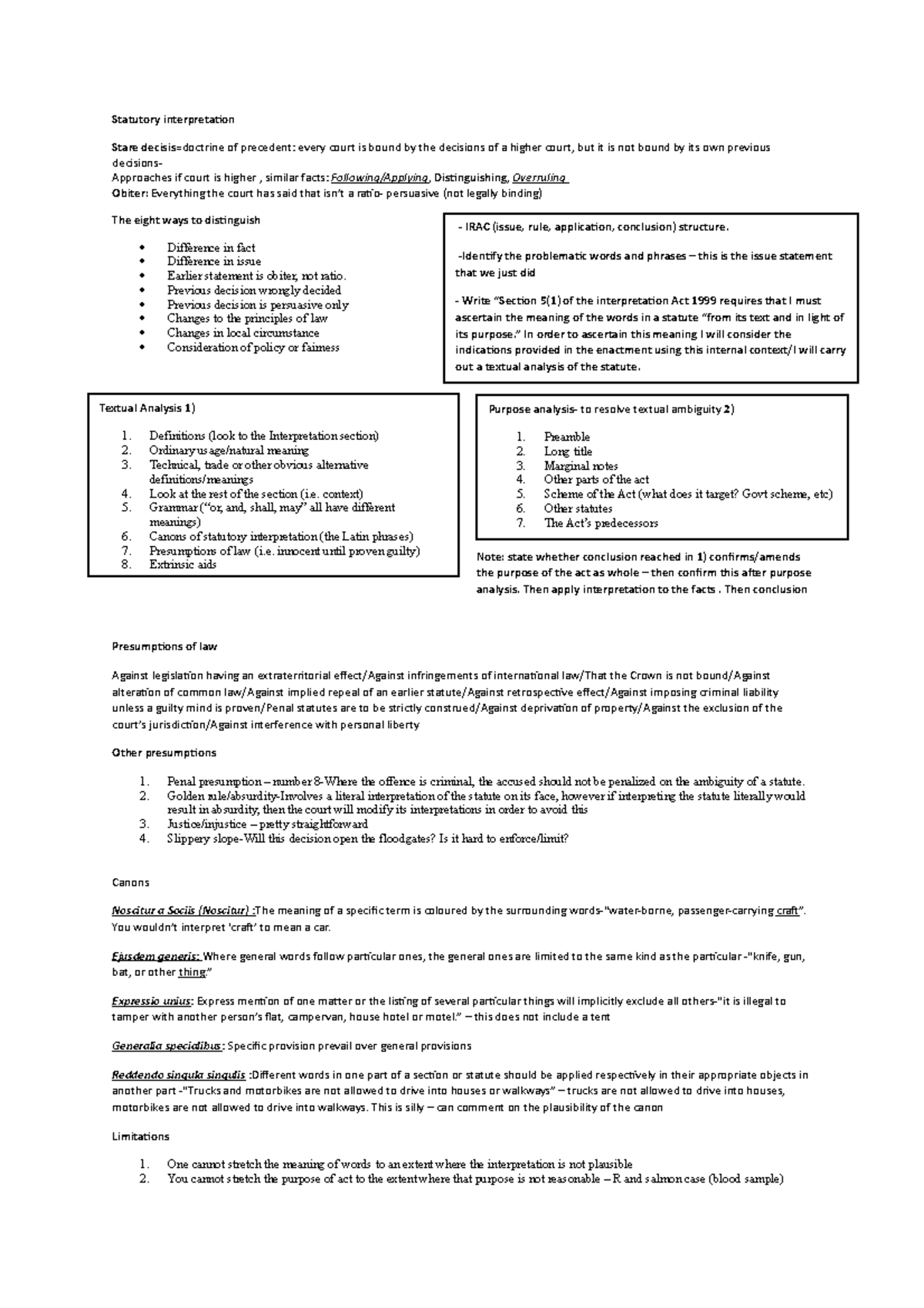 Exam cheat sheet - Statutory interpretation Stare decisis =doctrine of ...