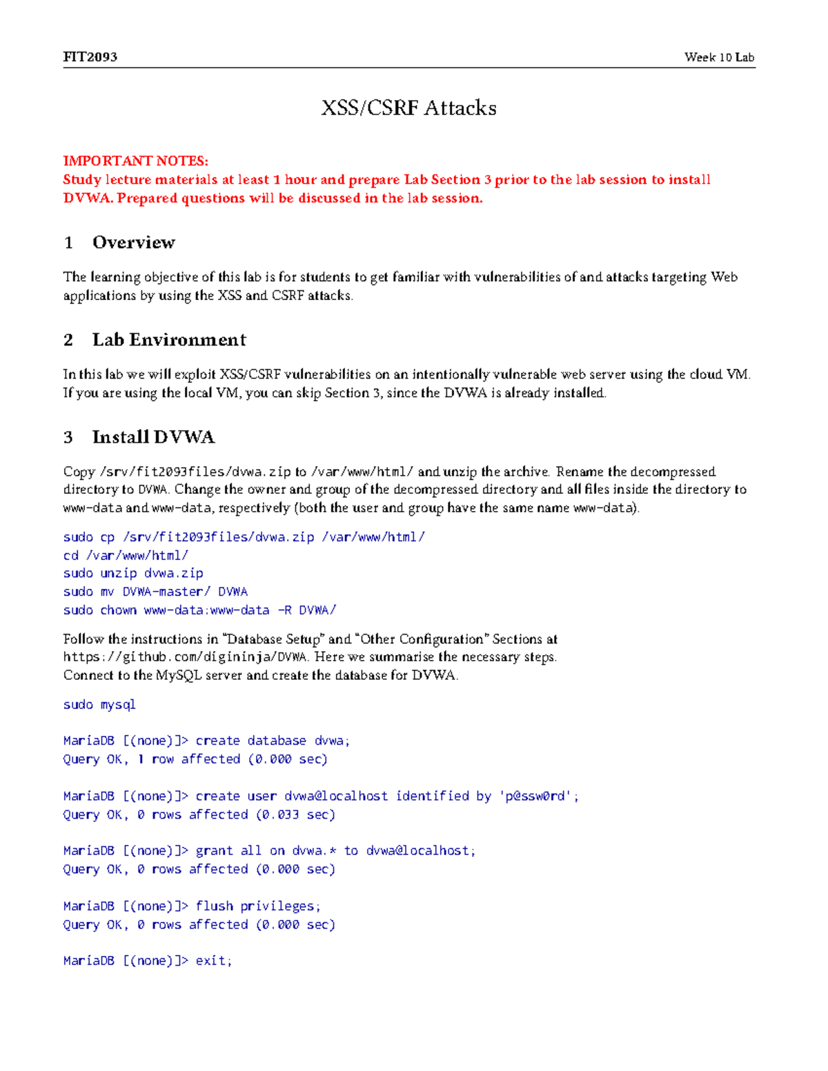 Week10 lab sample sol - XSS/CSRF Attacks IMPORTANT NOTES: Study lecture ...