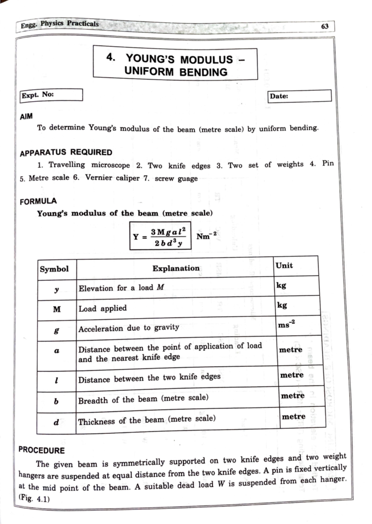 Uniform bending - youngs modulus - @:xpt. No: AIM 4. YOUNG'S MODULUS ...