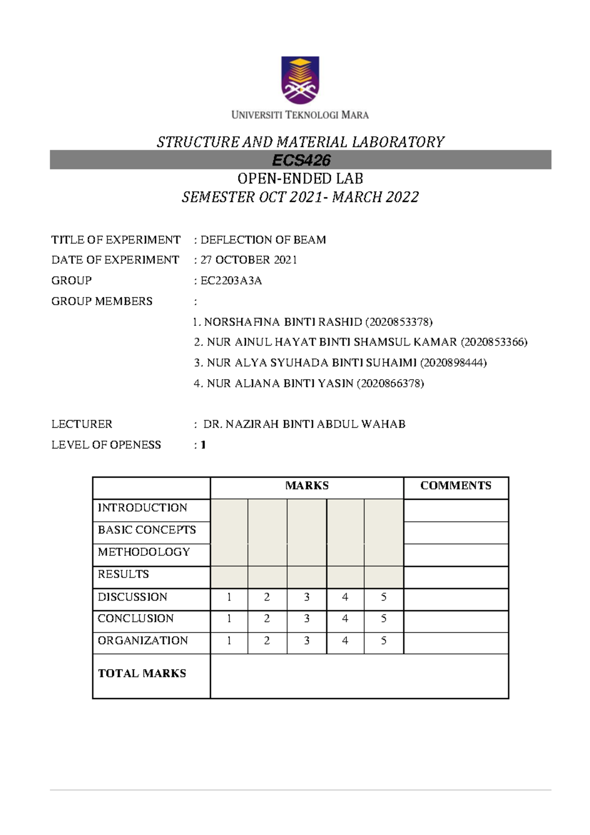 Group 4 LAB 2 Deflection OF BEAM Level 1 EC220 3A3A - STRUCTURE AND ...