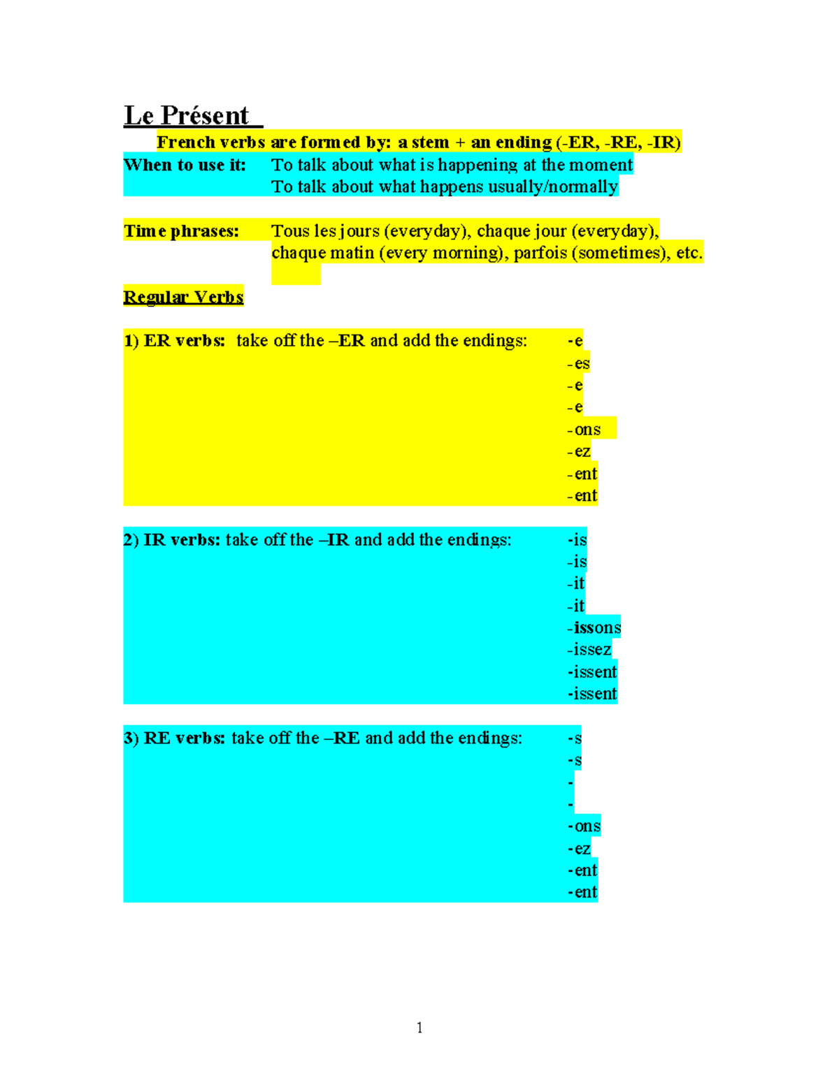 1 Present Tense Booklet - Le Présent French verbs are formed by: a stem ...