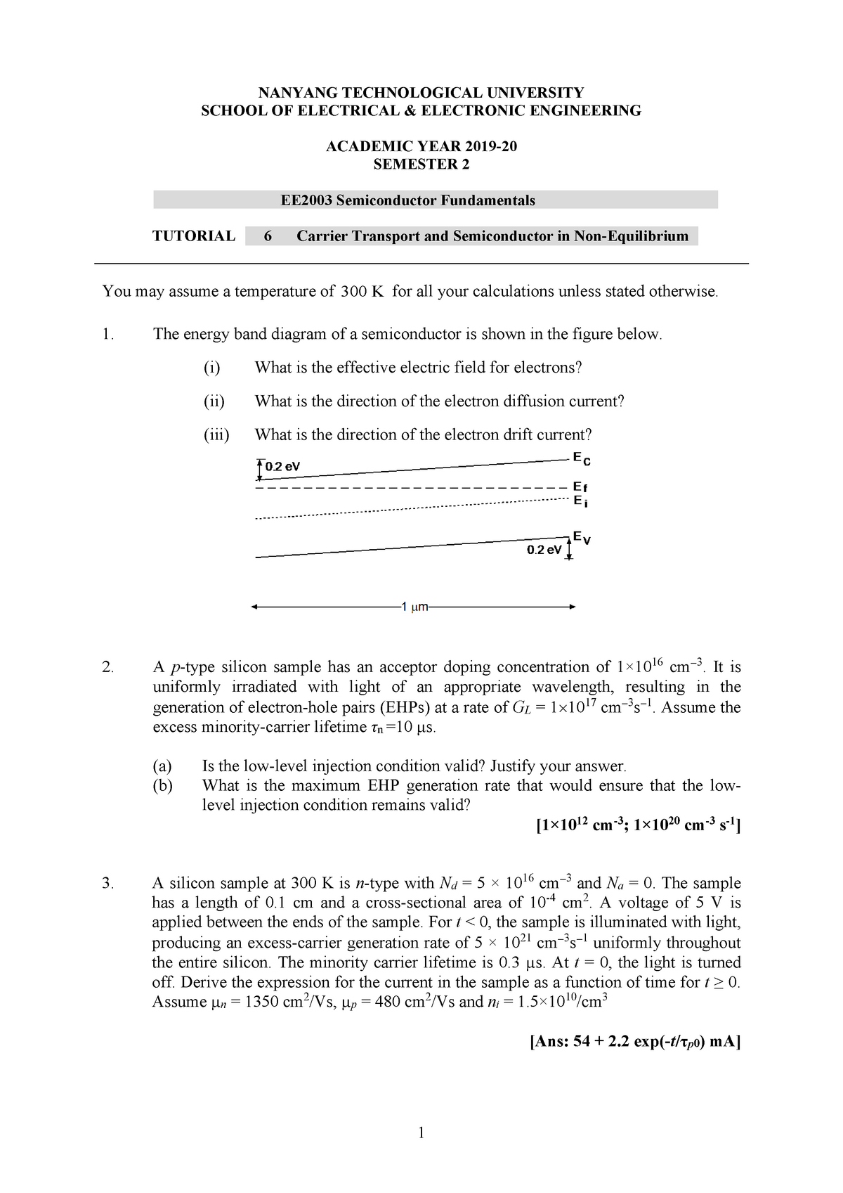 EE2003 Semiconductor Tutorials 6-9 - NANYANG TECHNOLOGICAL UNIVERSITY ...