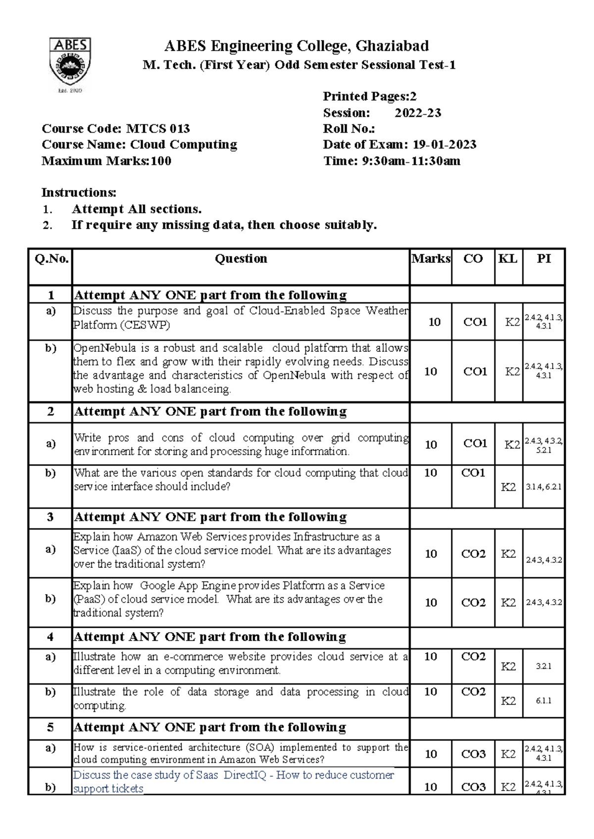 Make-up test - Cloud computing - ABES Engineering College, Ghaziabad M ...